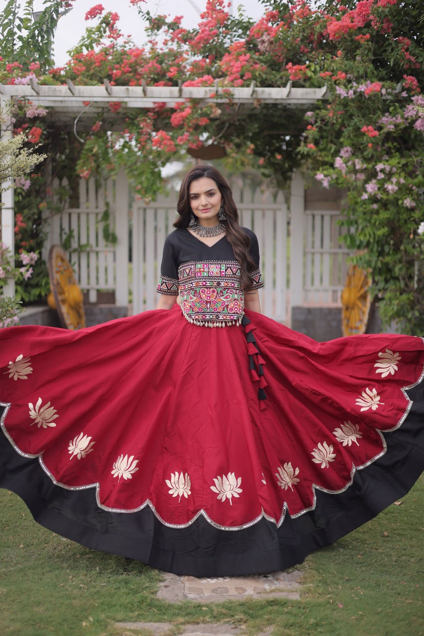 Women Designer Lehenga Choli with Handcrafted Kutchi Mirror Work Blouse