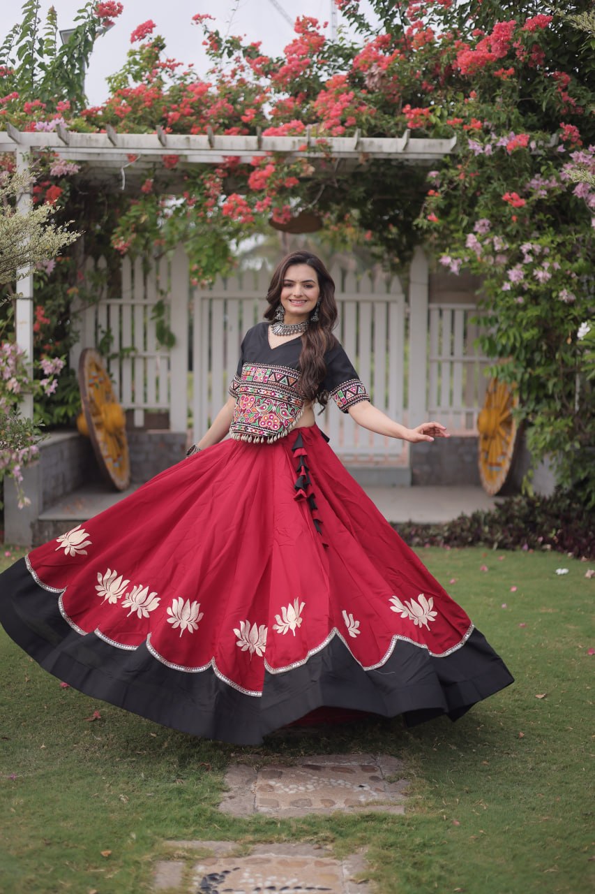 Women Designer Lehenga Choli with Handcrafted Kutchi Mirror Work Blouse