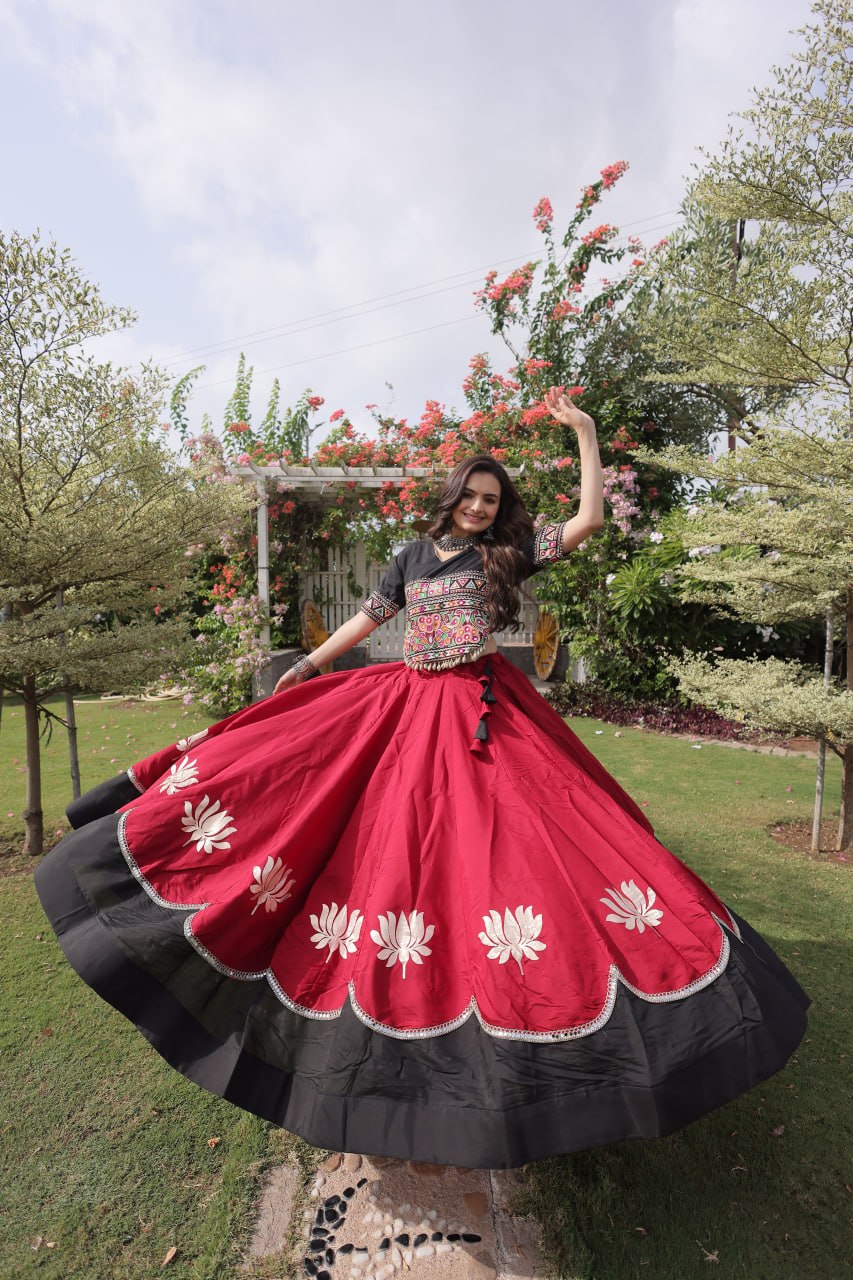 Women Designer Lehenga Choli with Handcrafted Kutchi Mirror Work Blouse