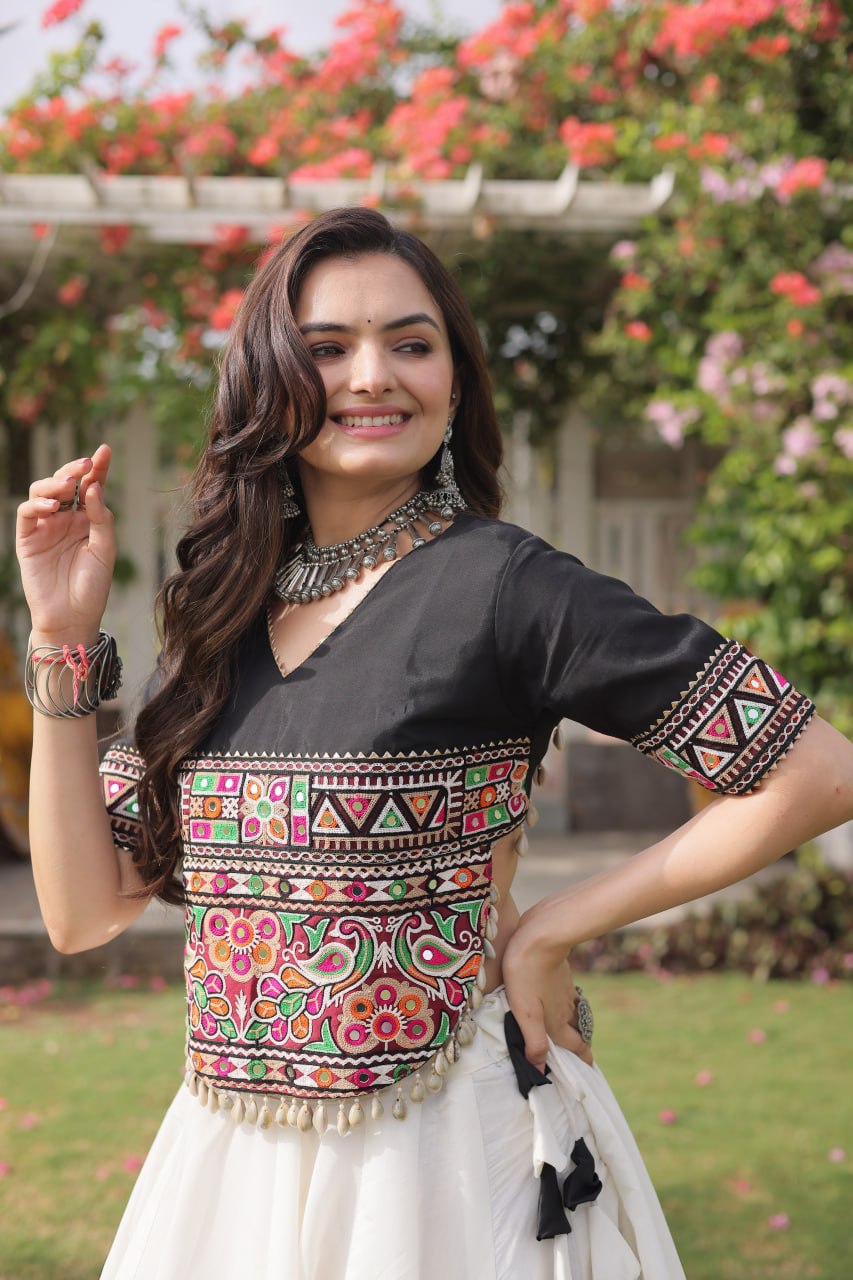 Women Designer Lehenga Choli with Handcrafted Kutchi Mirror Work Blouse