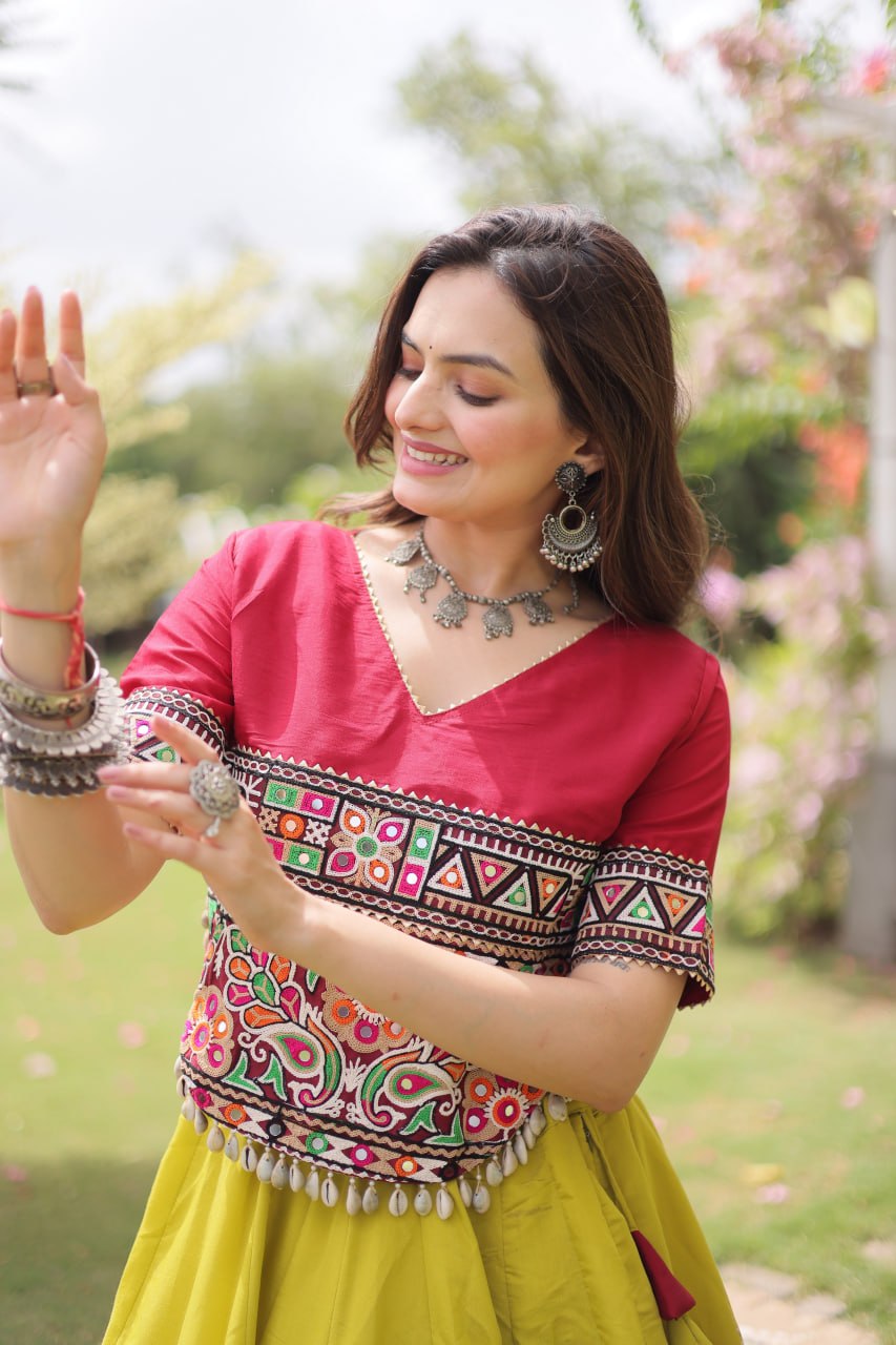Women Designer Lehenga Choli with Handcrafted Kutchi Mirror Work Blouse