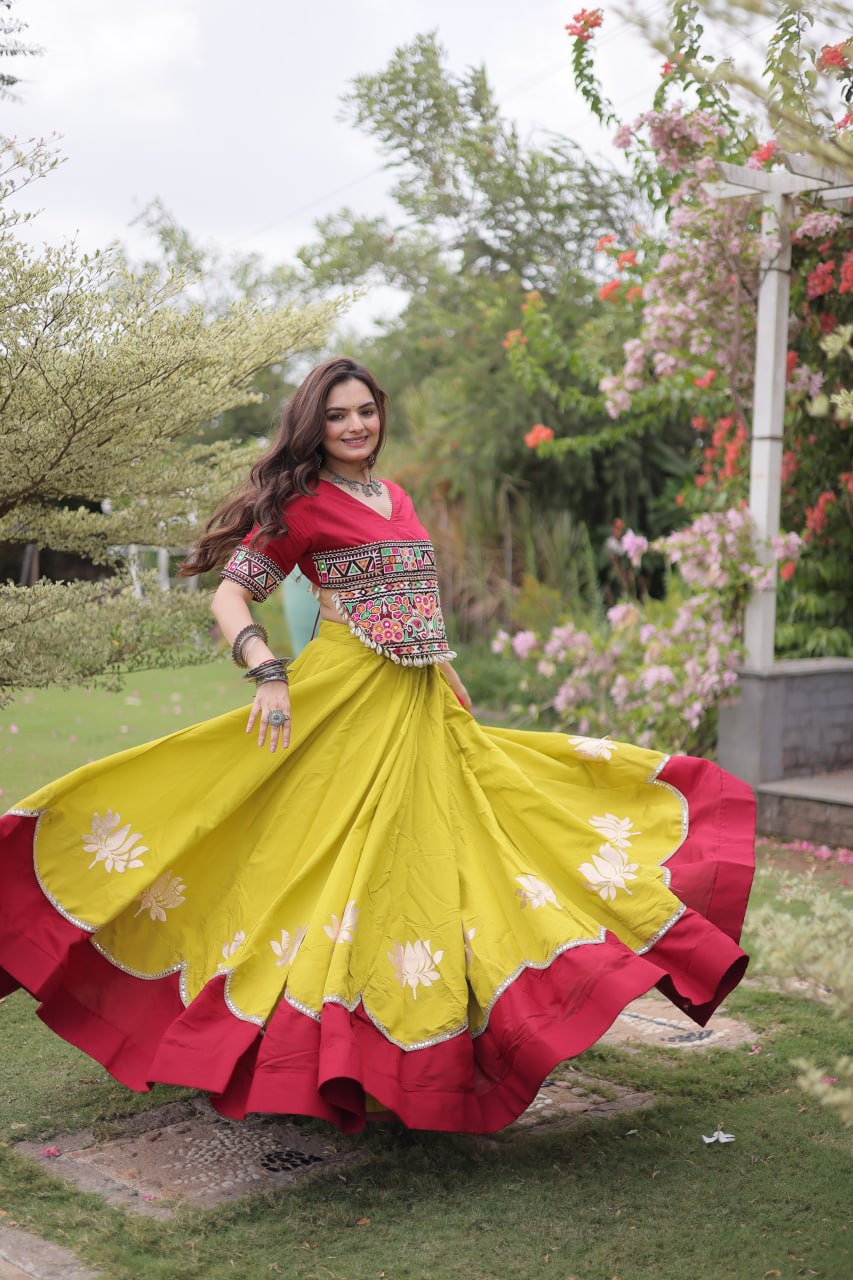 Women Designer Lehenga Choli with Handcrafted Kutchi Mirror Work Blouse