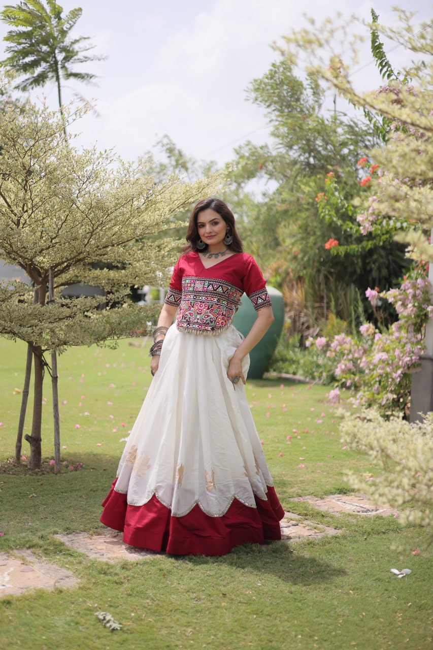 Women Designer Lehenga Choli with Handcrafted Kutchi Mirror Work Blouse