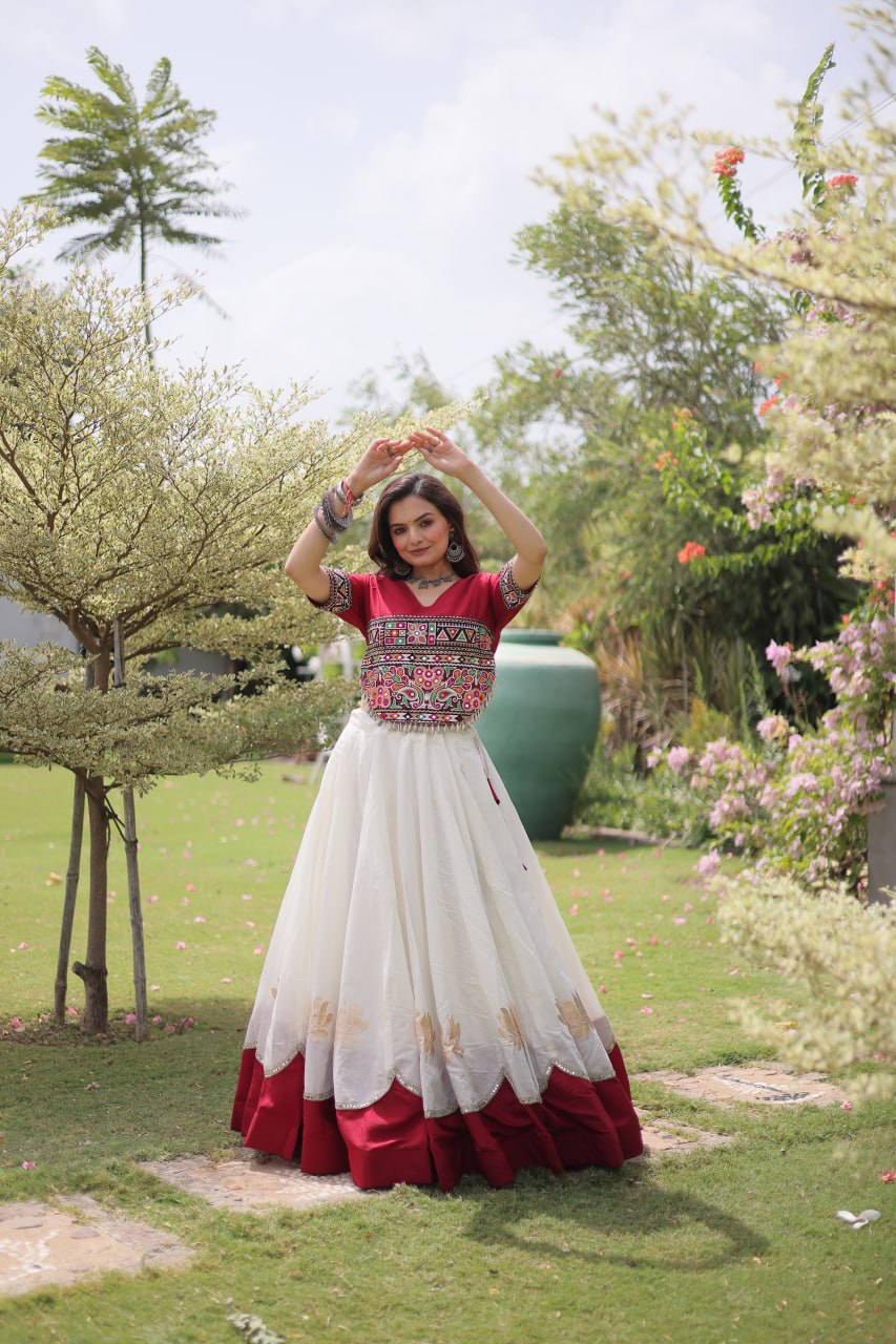 Women Designer Lehenga Choli with Handcrafted Kutchi Mirror Work Blouse