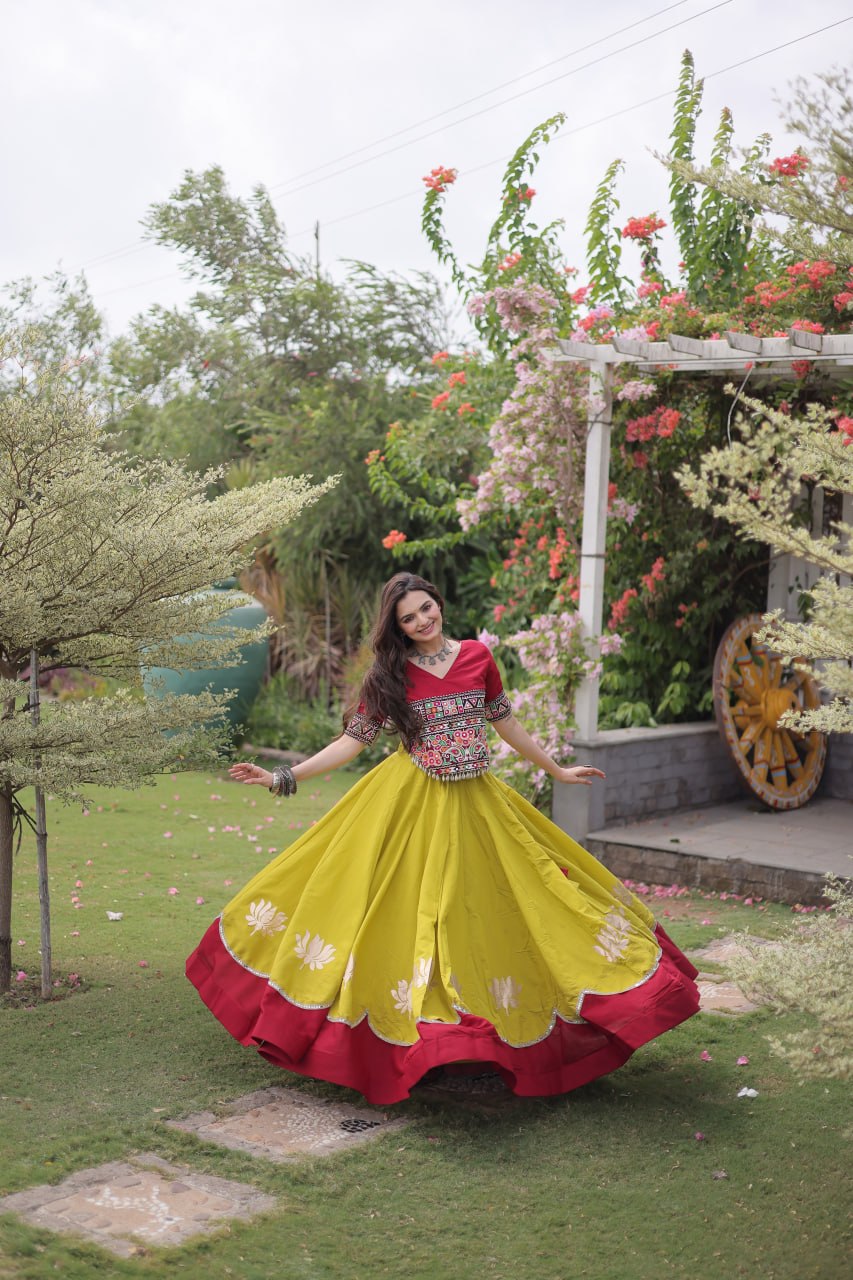 Women Designer Lehenga Choli with Handcrafted Kutchi Mirror Work Blouse
