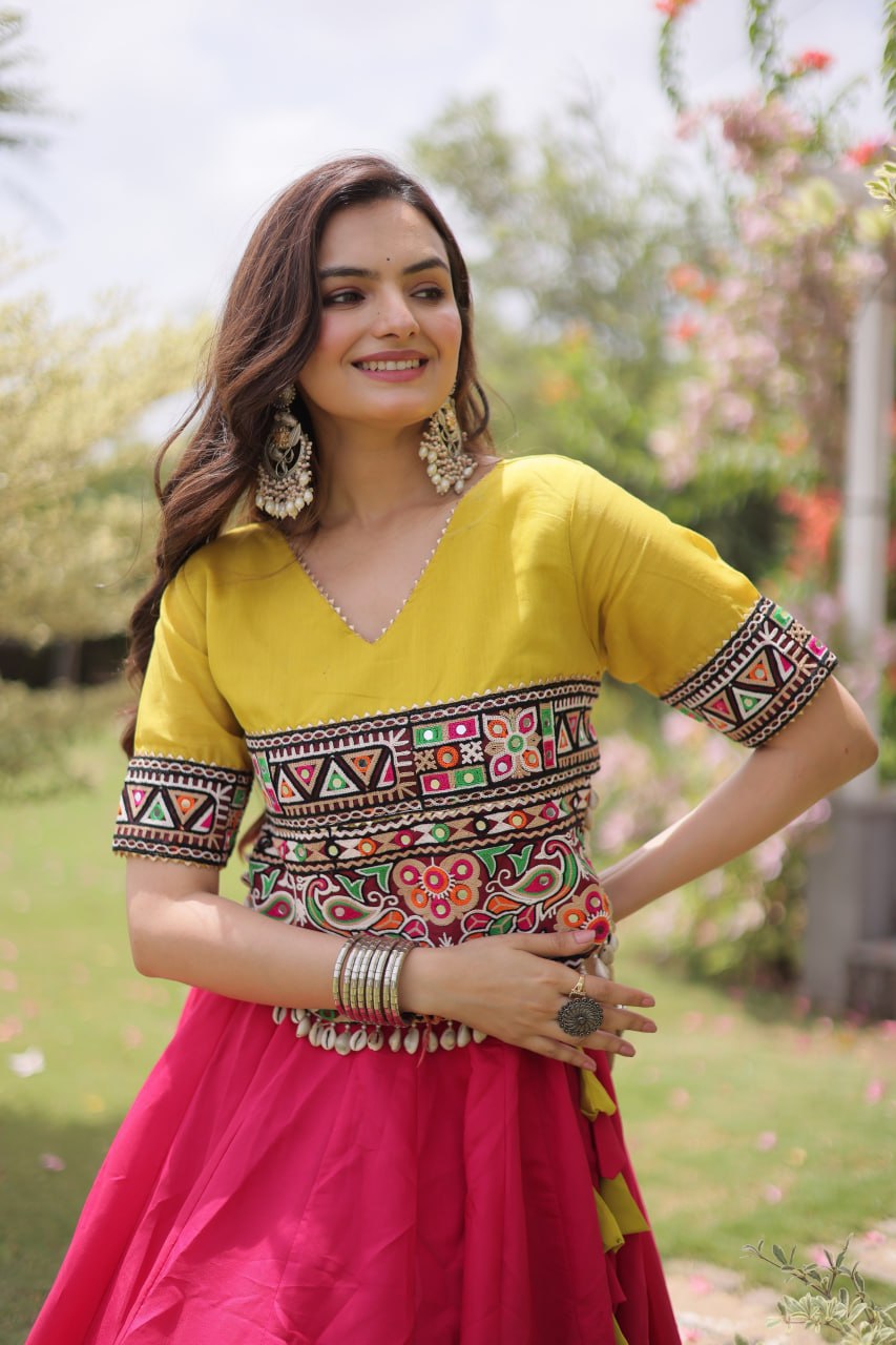 Women Designer Lehenga Choli with Handcrafted Kutchi Mirror Work Blouse