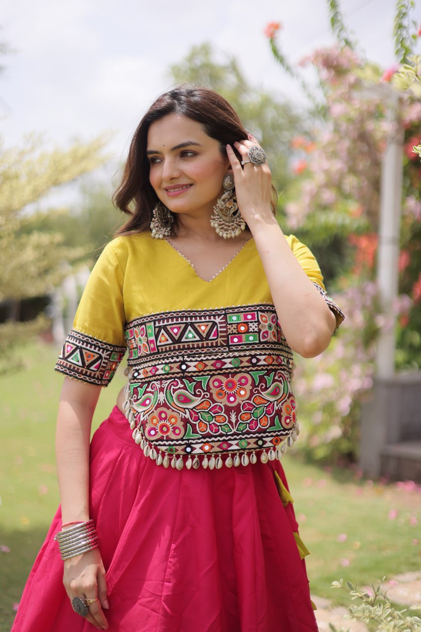 Women Designer Lehenga Choli with Handcrafted Kutchi Mirror Work Blouse