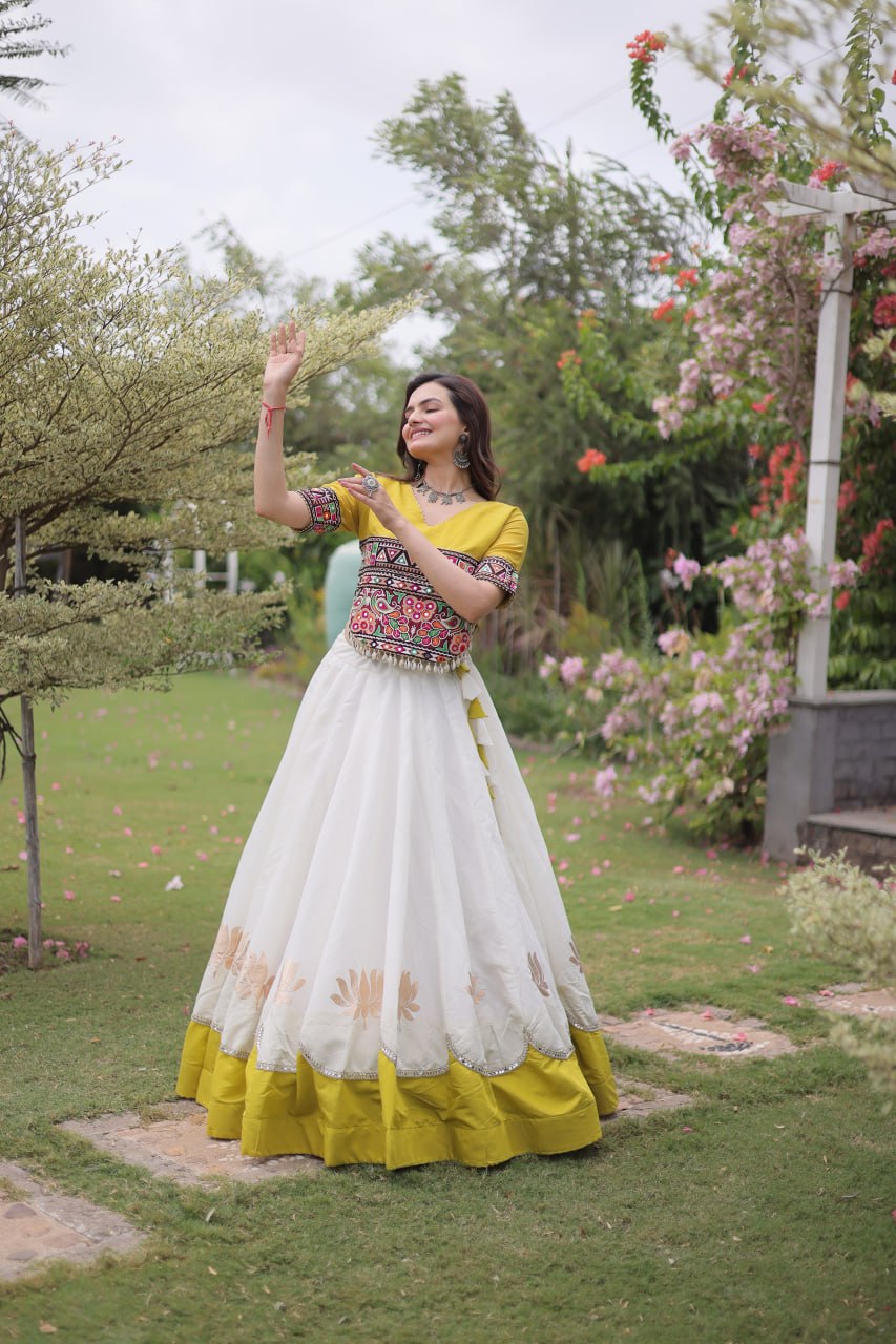 Women Designer Lehenga Choli with Handcrafted Kutchi Mirror Work Blouse
