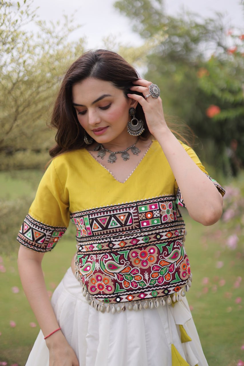 Women Designer Lehenga Choli with Handcrafted Kutchi Mirror Work Blouse
