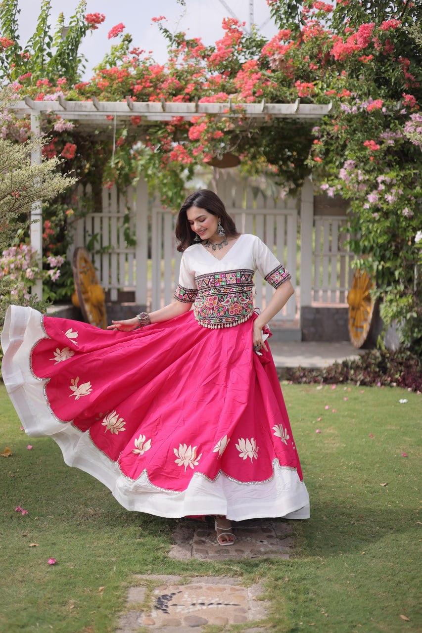 Women Designer Lehenga Choli with Handcrafted Kutchi Mirror Work Blouse