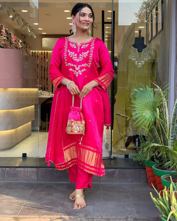 Women Premium Silk Embroidered Kurti Set with Pant & Dupatta, Festive Ethnic Wear