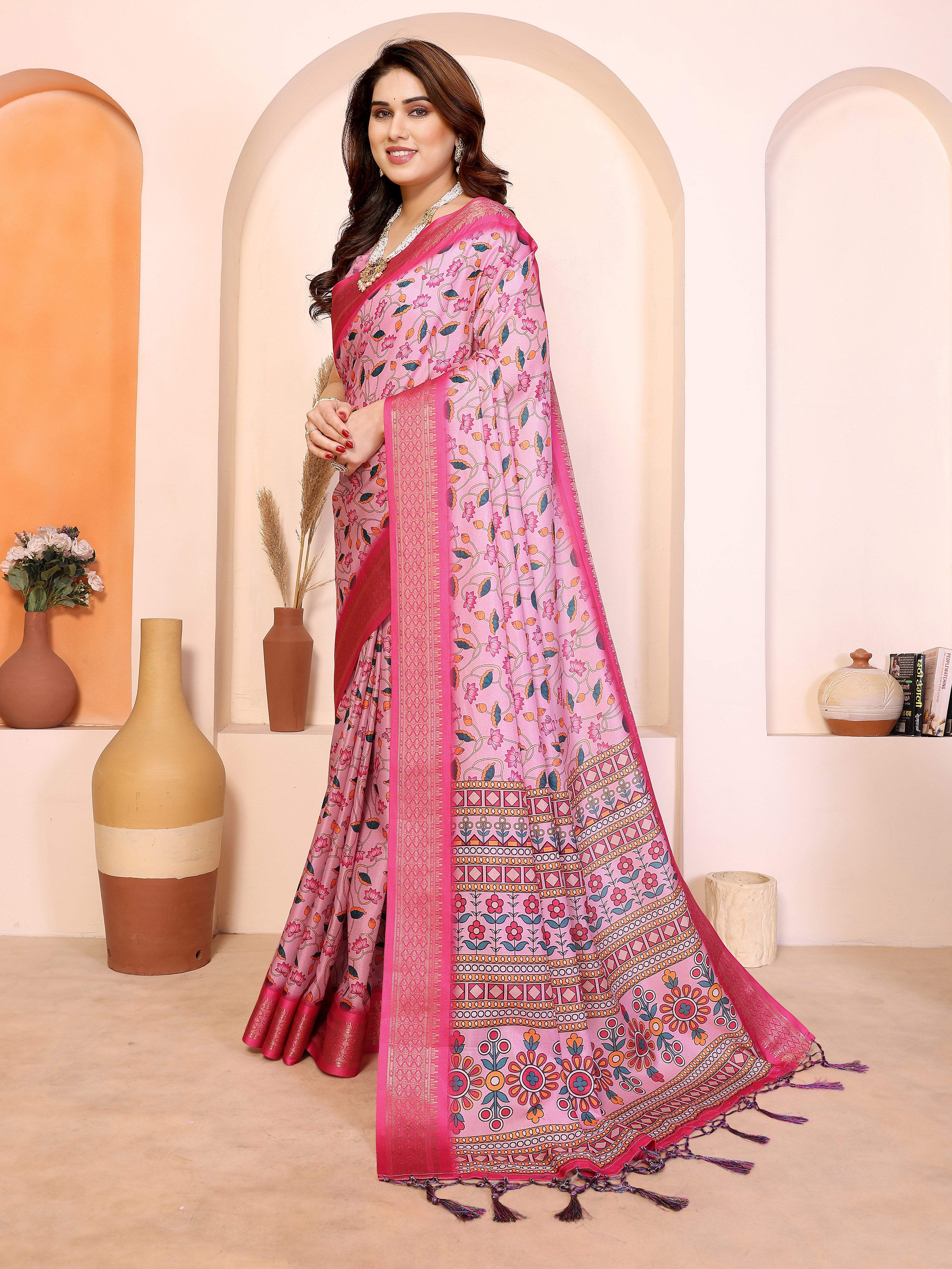 Women Designer Baby Pink Cotton Silk Kalamkari Saree