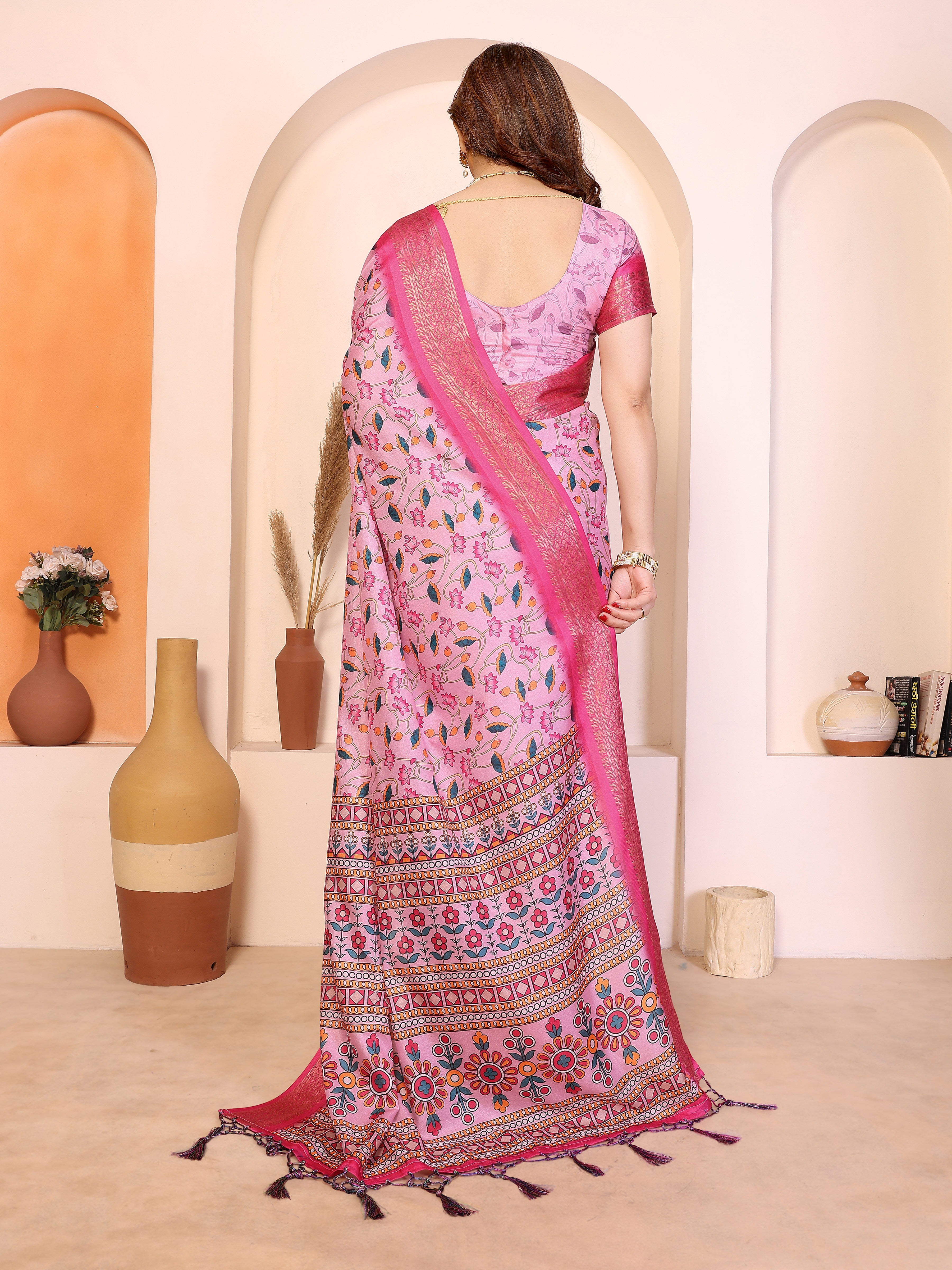 Women Designer Baby Pink Cotton Silk Kalamkari Saree