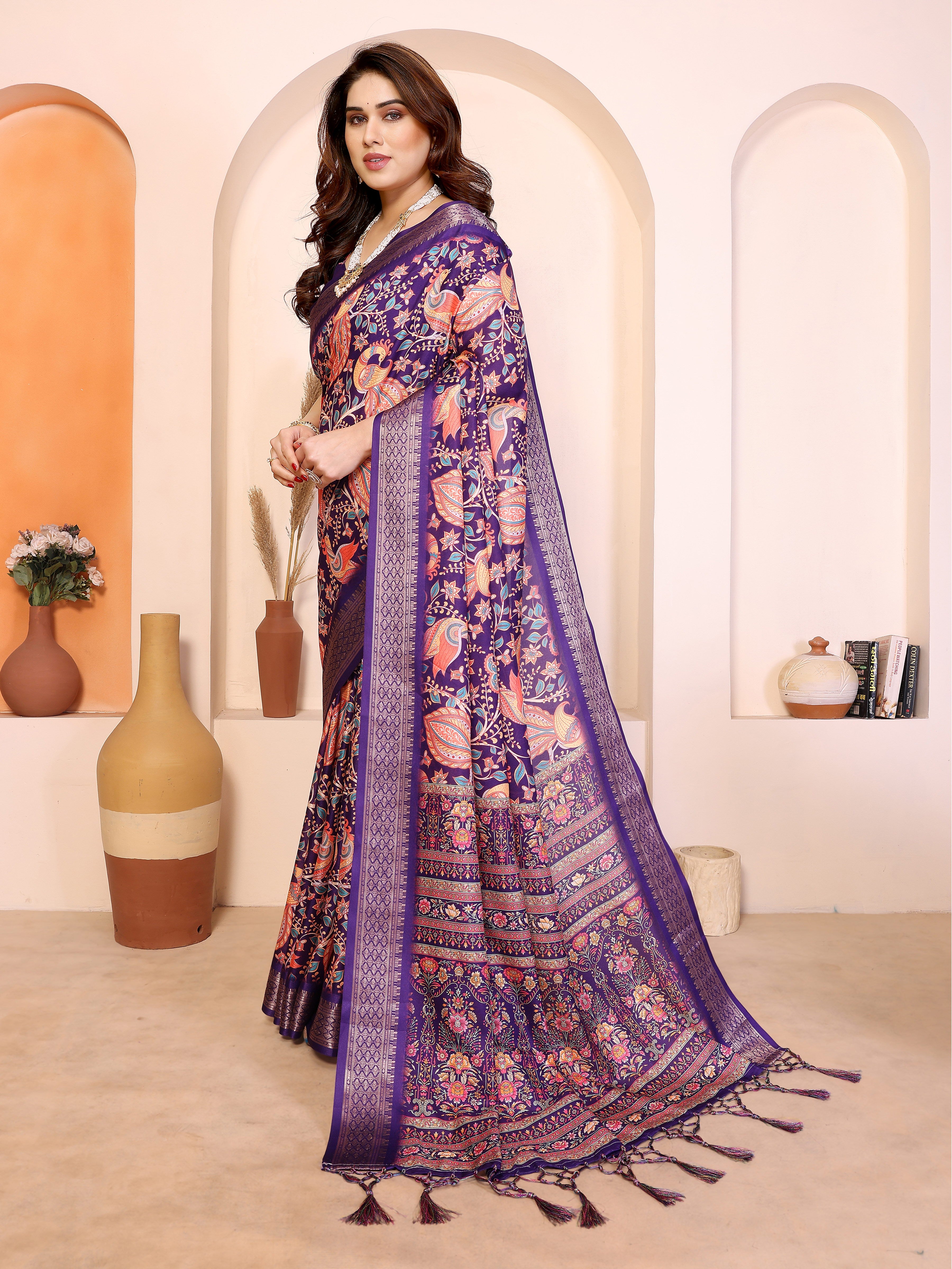 Women Designer Cotton Silk Floral & Bird Print Saree
