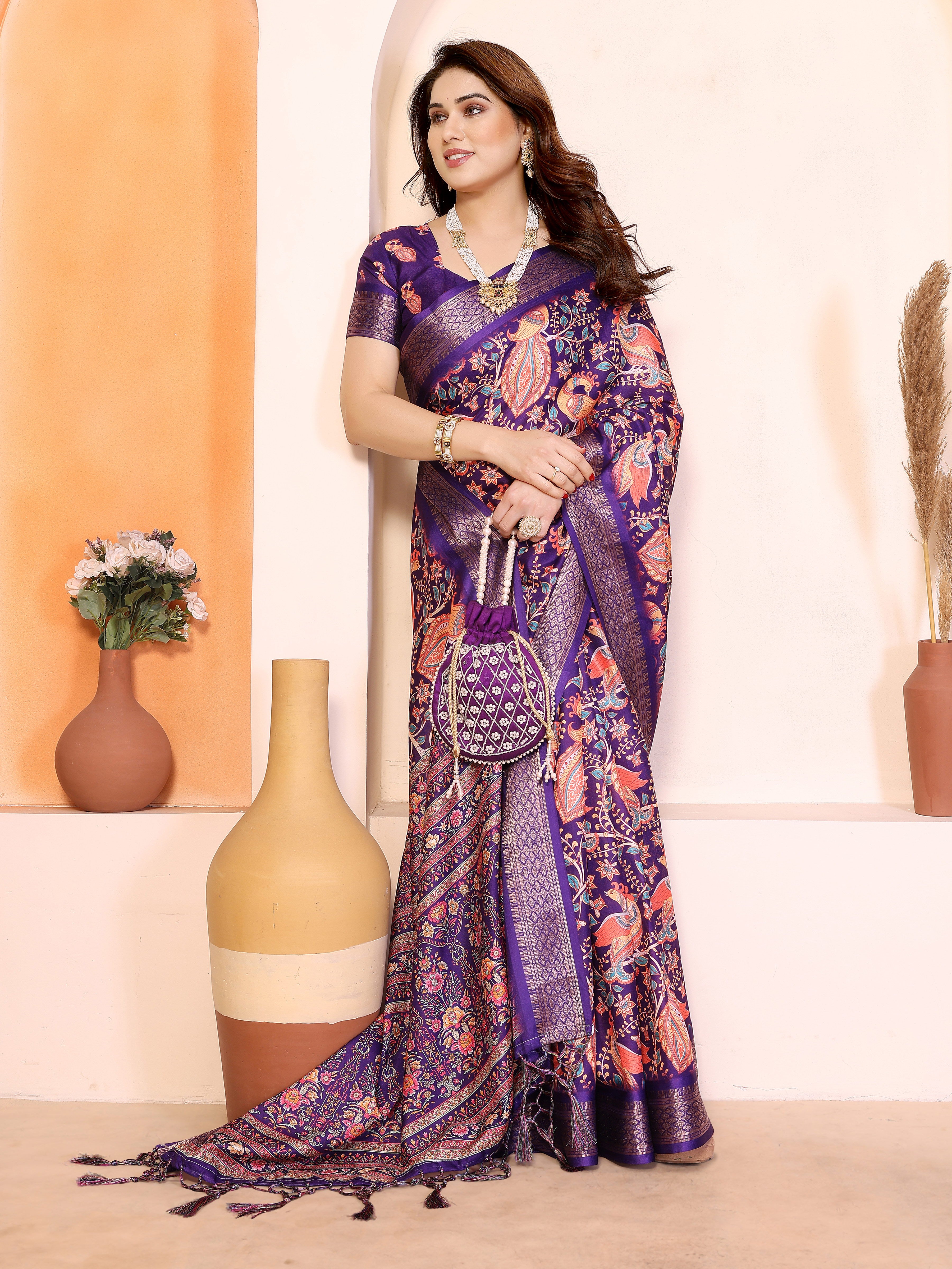 Women Designer Cotton Silk Floral & Bird Print Saree