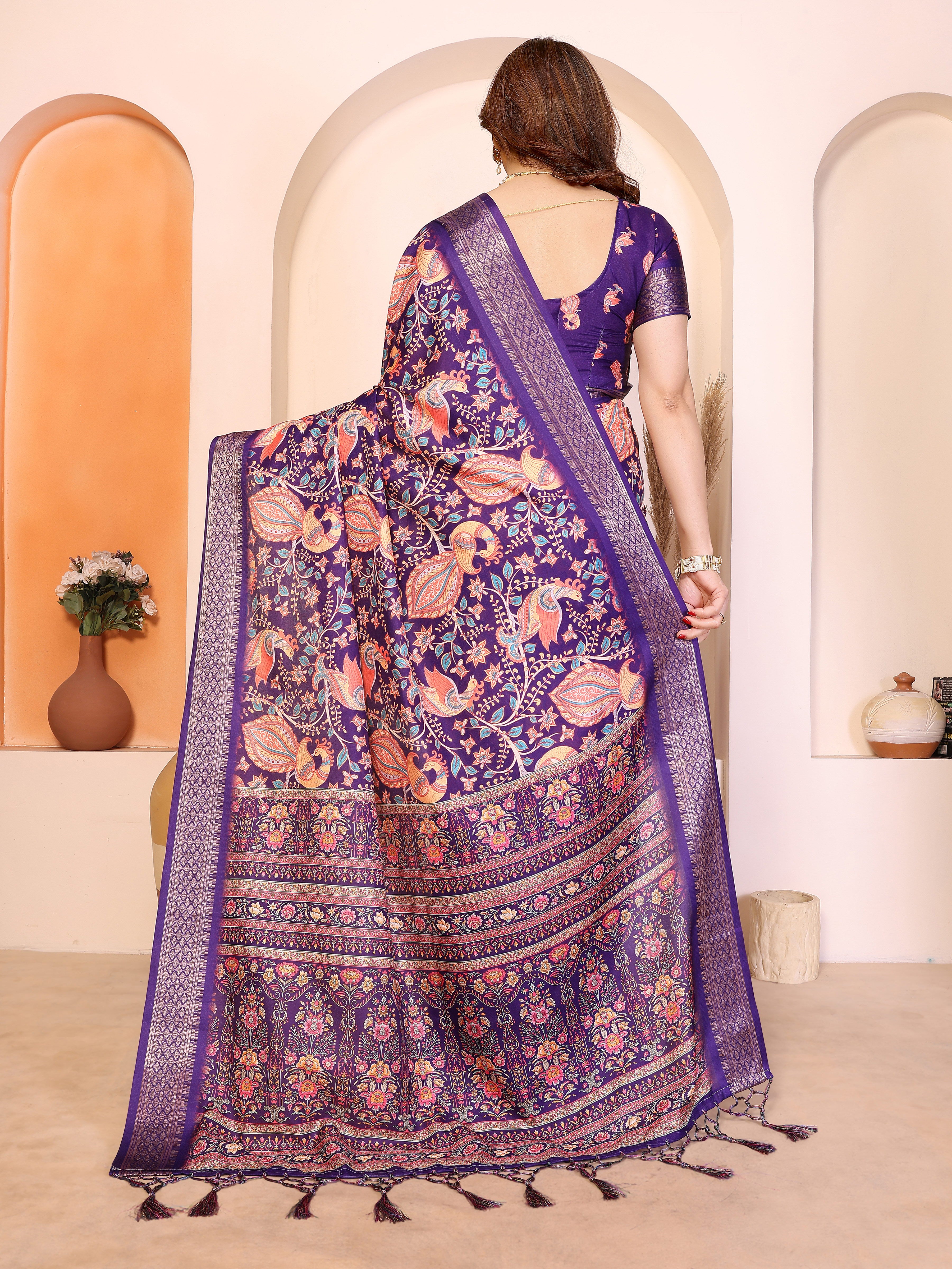 Women Designer Cotton Silk Floral & Bird Print Saree