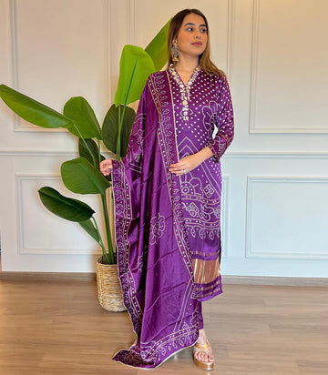 Women Lagadi Patta With Hand Printed and Embroidered Kurti Pent and Dupatta Set