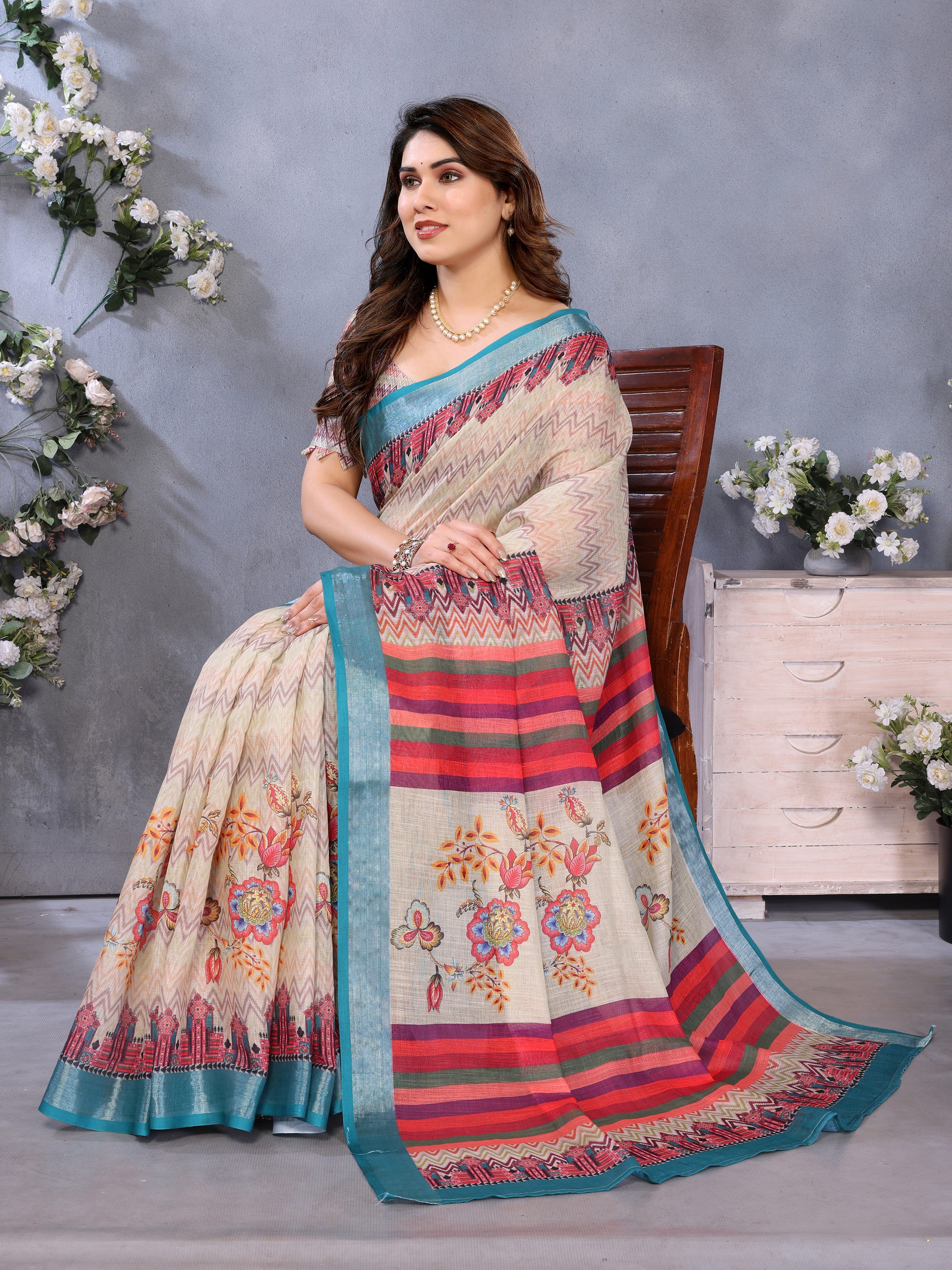 Women Premium Linen Cotton digital Printed Saree