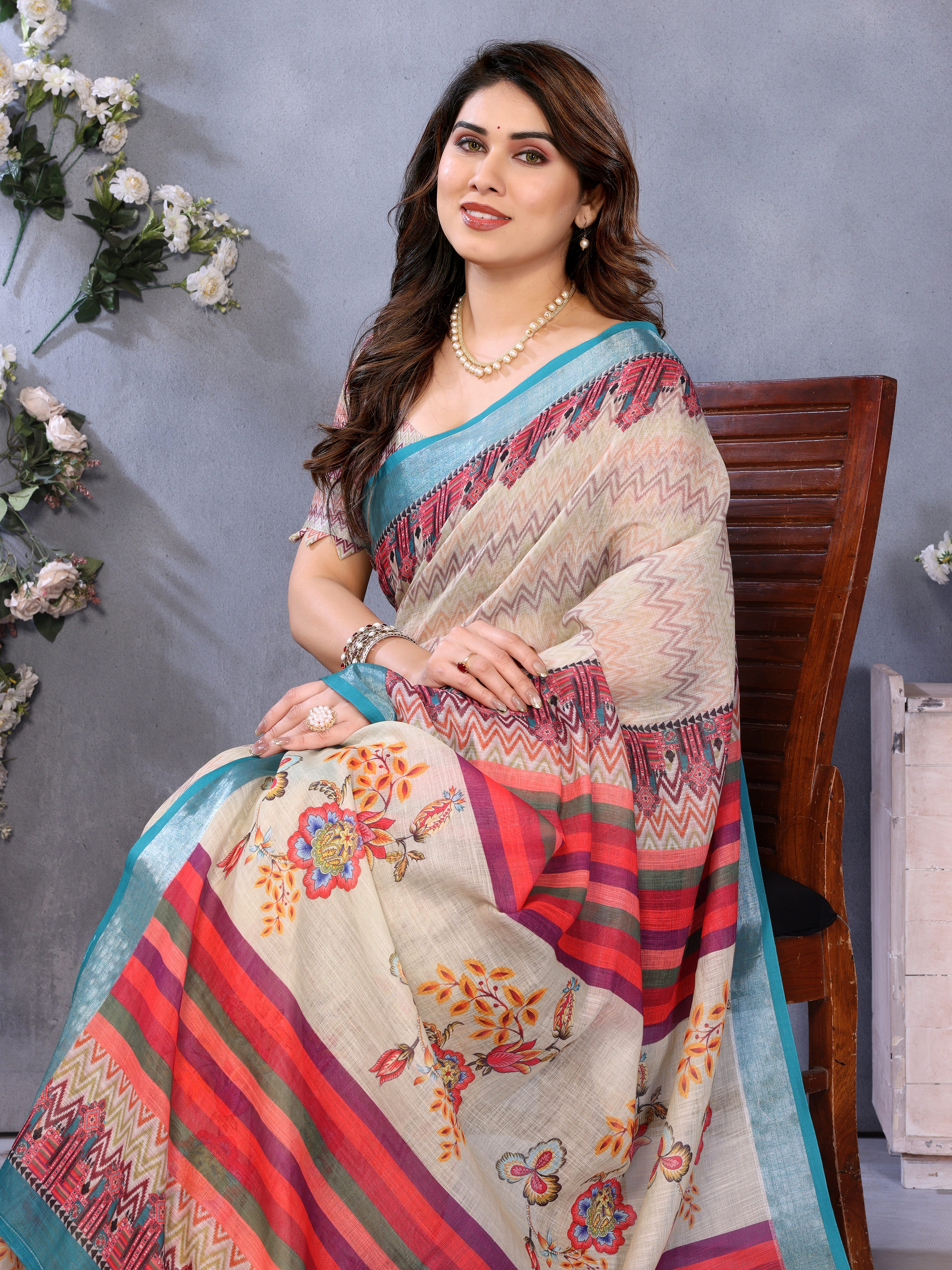 Women Premium Linen Cotton digital Printed Saree