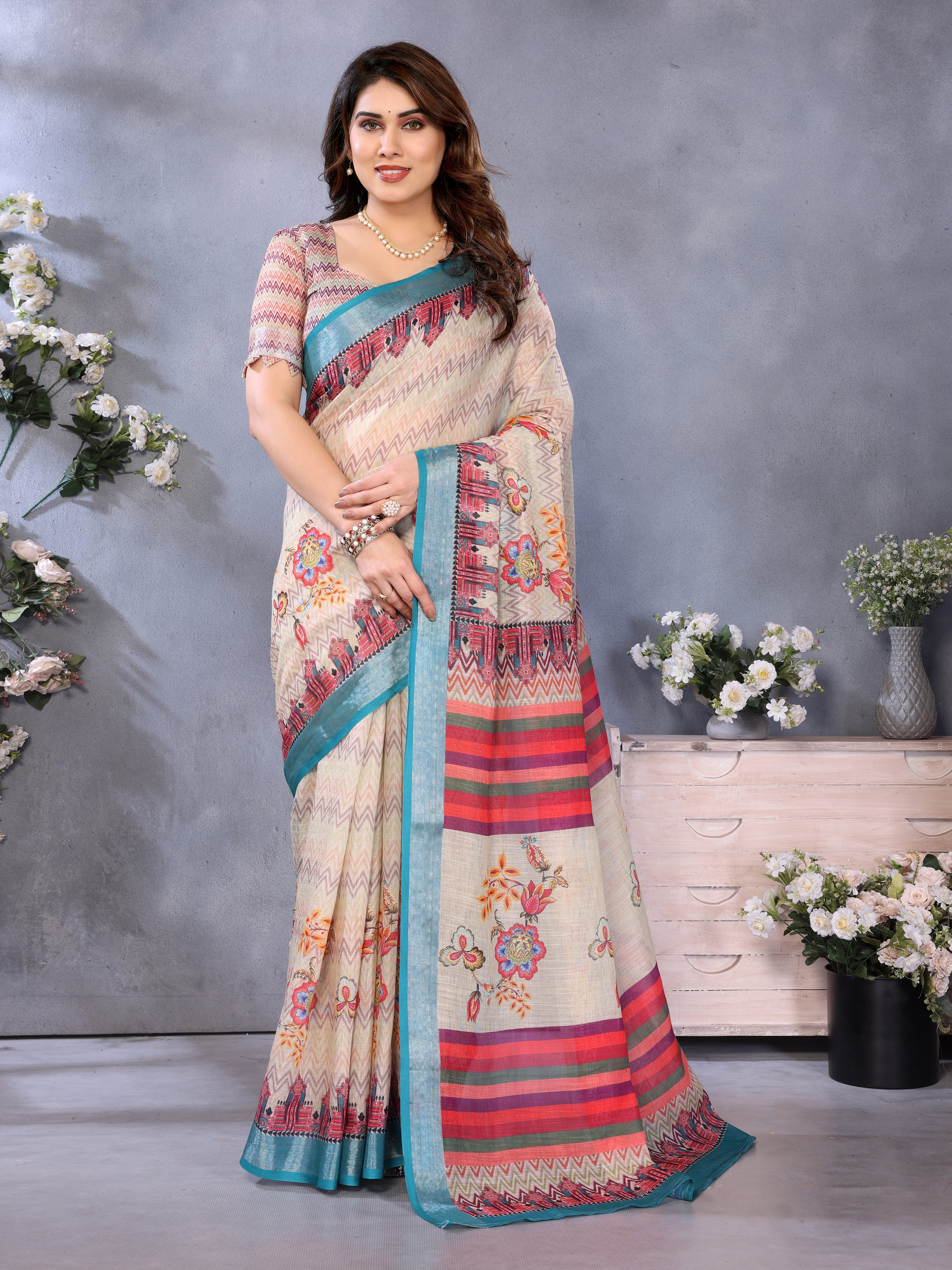 Women Premium Linen Cotton digital Printed Saree