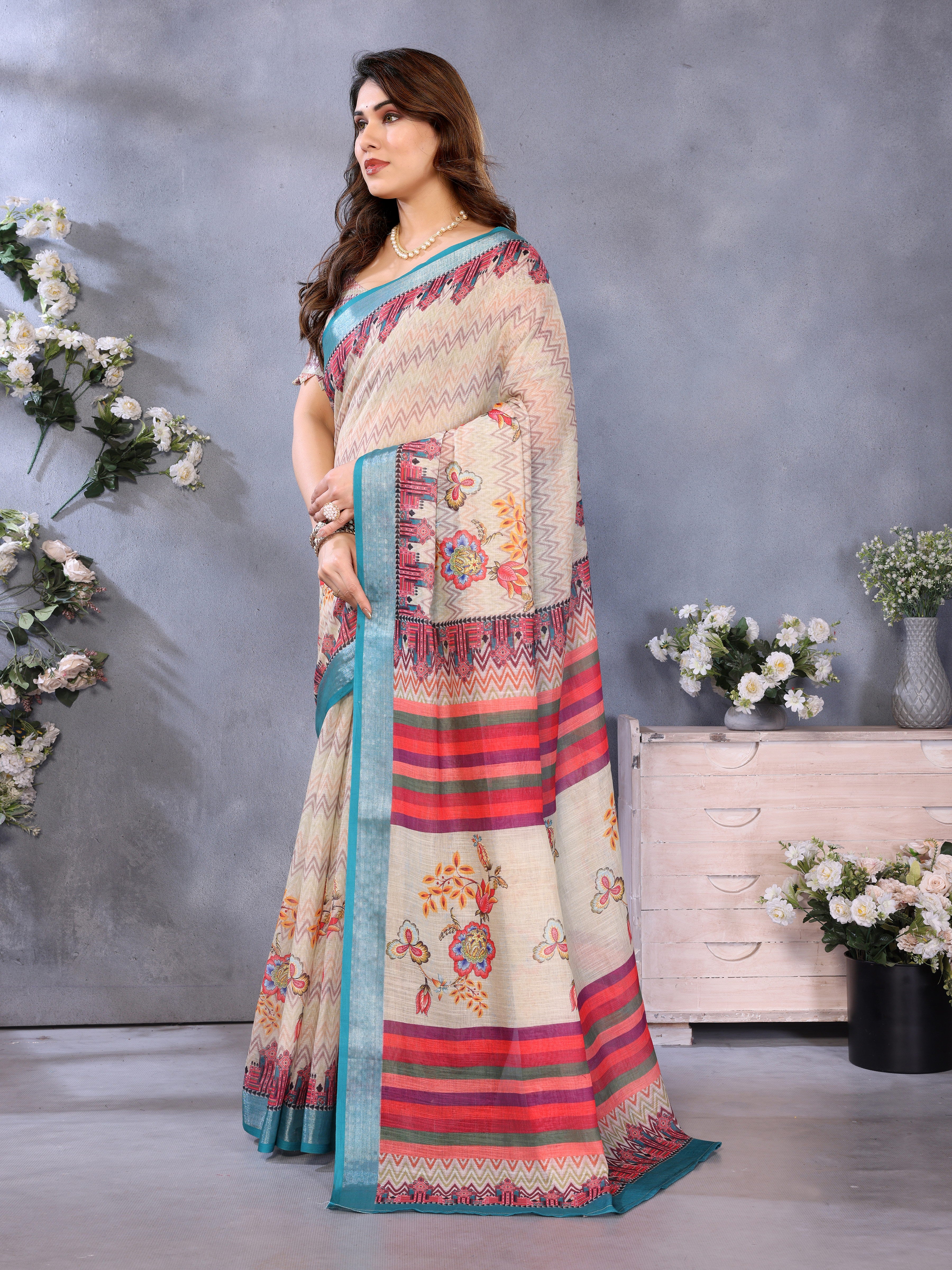Women Premium Linen Cotton digital Printed Saree