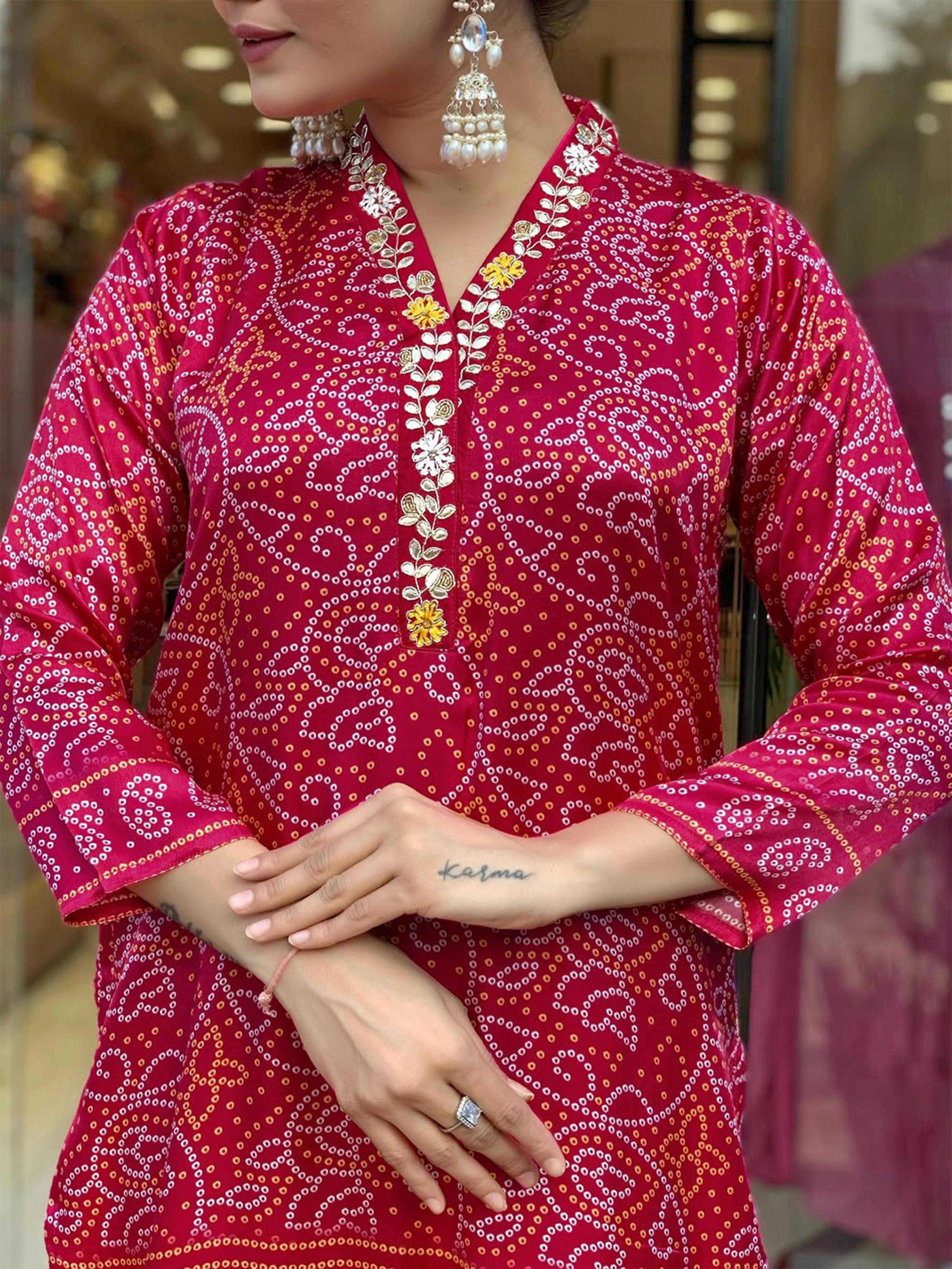 Women Viscose Silk Bandhani-Style Hand Printed Kurta with Pant And Dupatta