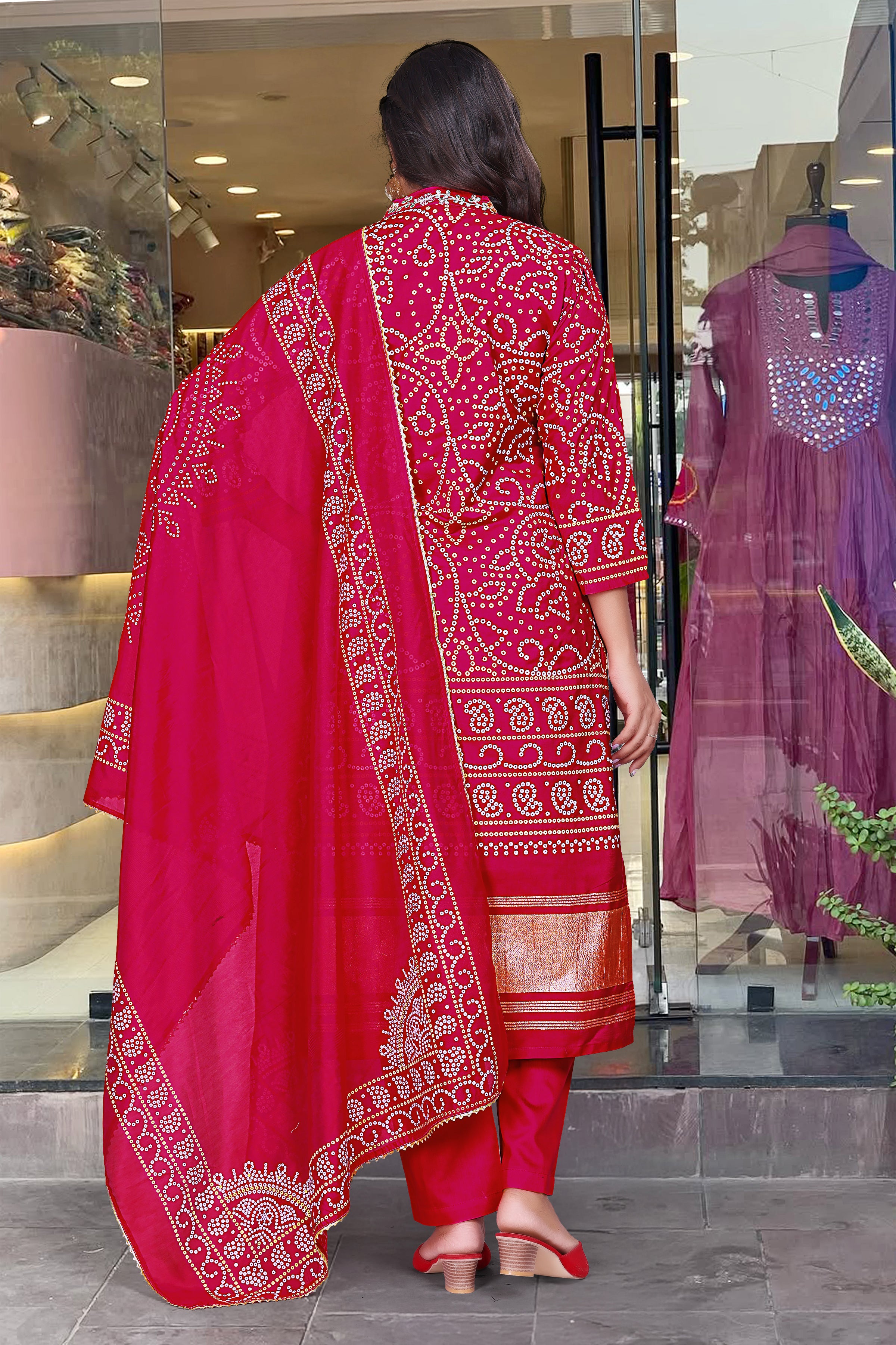 Women Viscose Silk Bandhani-Style Hand Printed Kurta with Pant And Dupatta