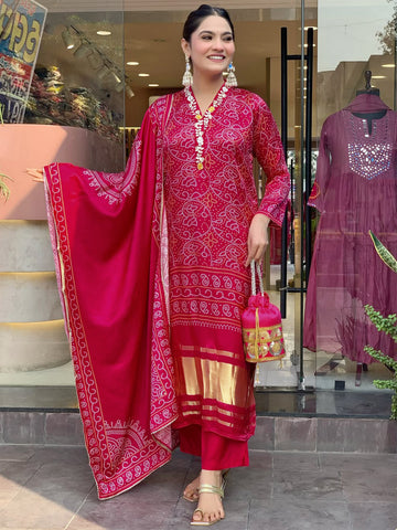 Women Viscose Silk Bandhani-Style Hand Printed Kurta with Pant And Dupatta
