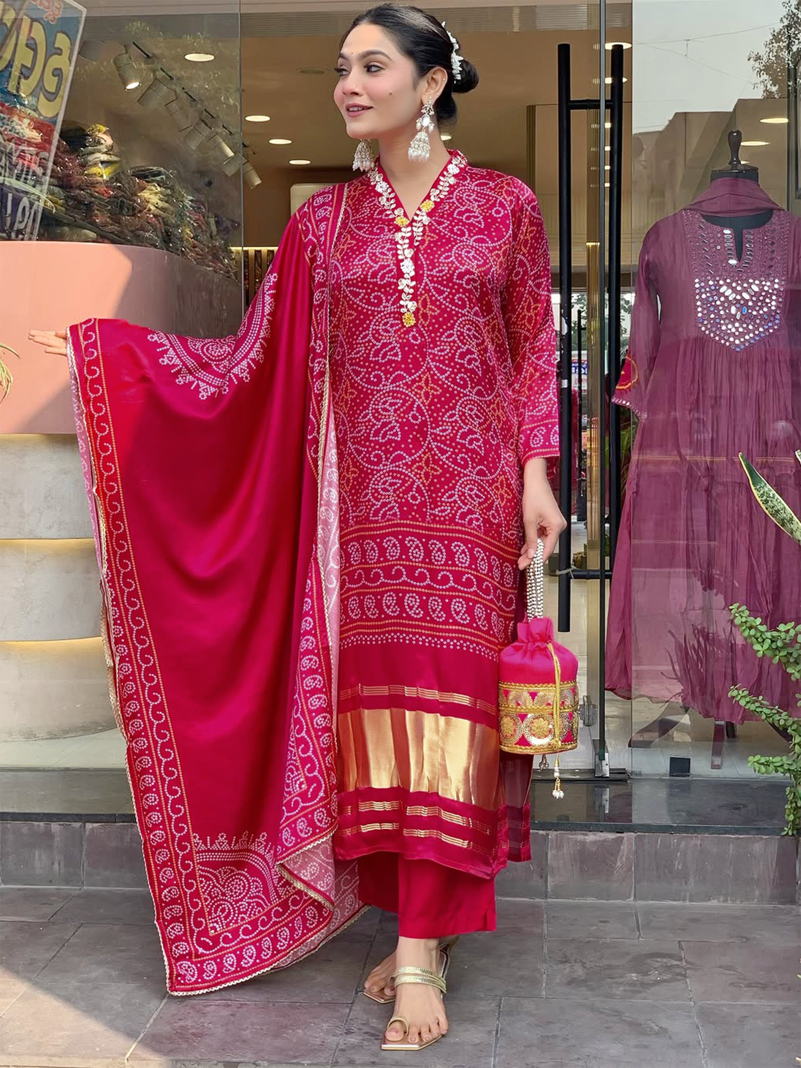 Women Viscose Silk Bandhani-Style Hand Printed Kurta with Pant And Dupatta