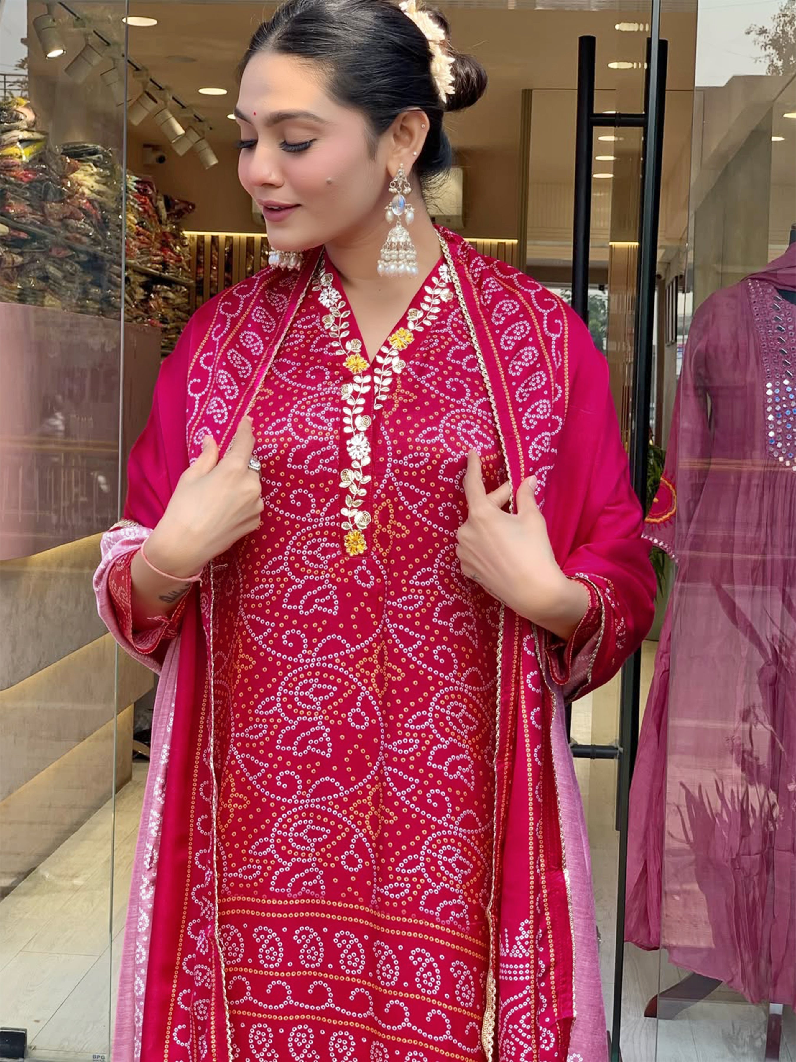 Women Viscose Silk Bandhani-Style Hand Printed Kurta with Pant And Dupatta