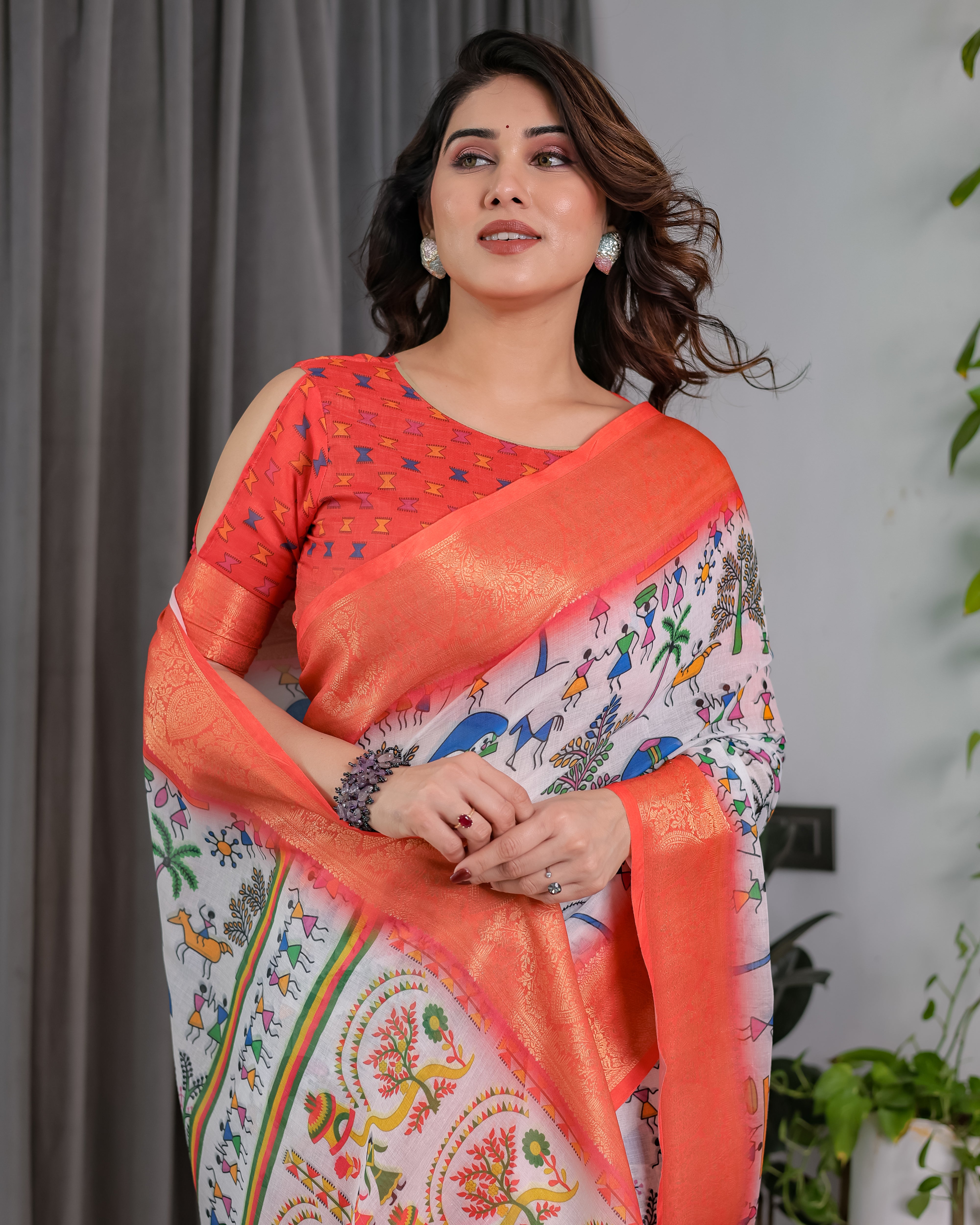 Women Pure Handloom Linen Floral Printed Saree