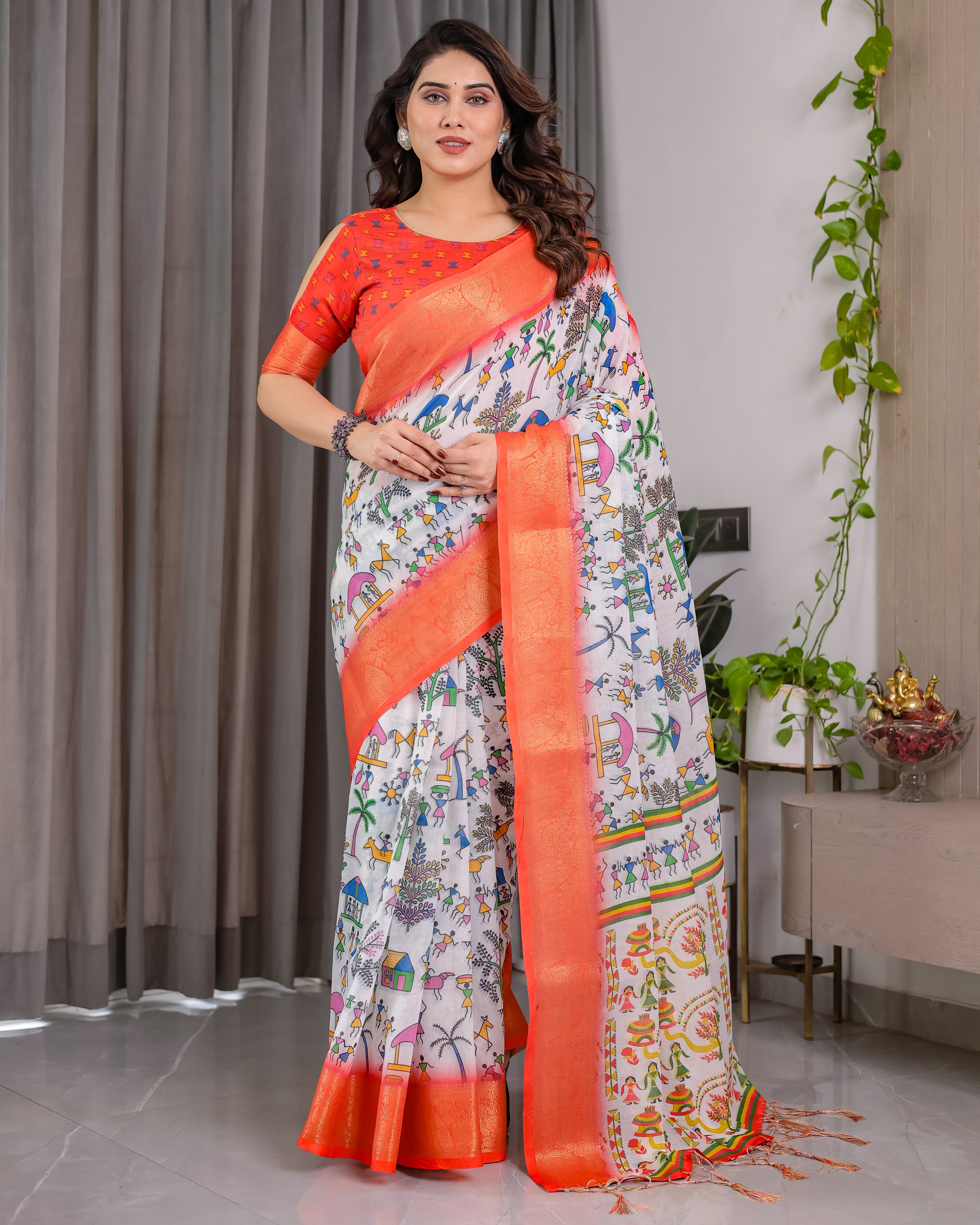 Women Pure Handloom Linen Floral Printed Saree