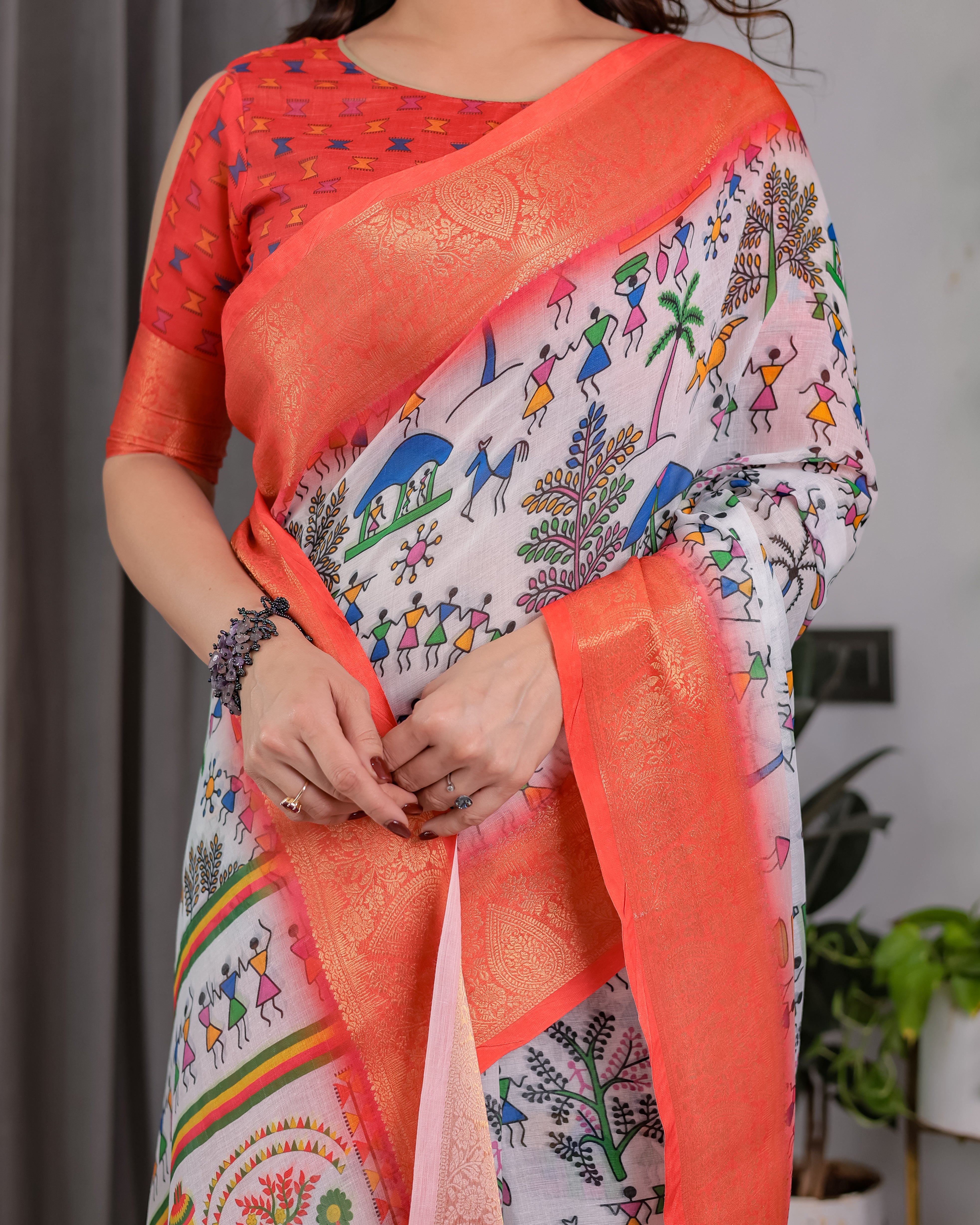 Women Pure Handloom Linen Floral Printed Saree