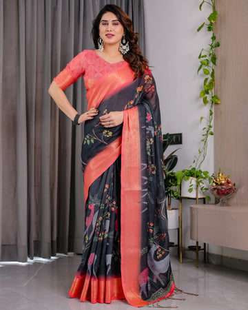 Women Premium Ethnic Linen Floral Digital Print Saree