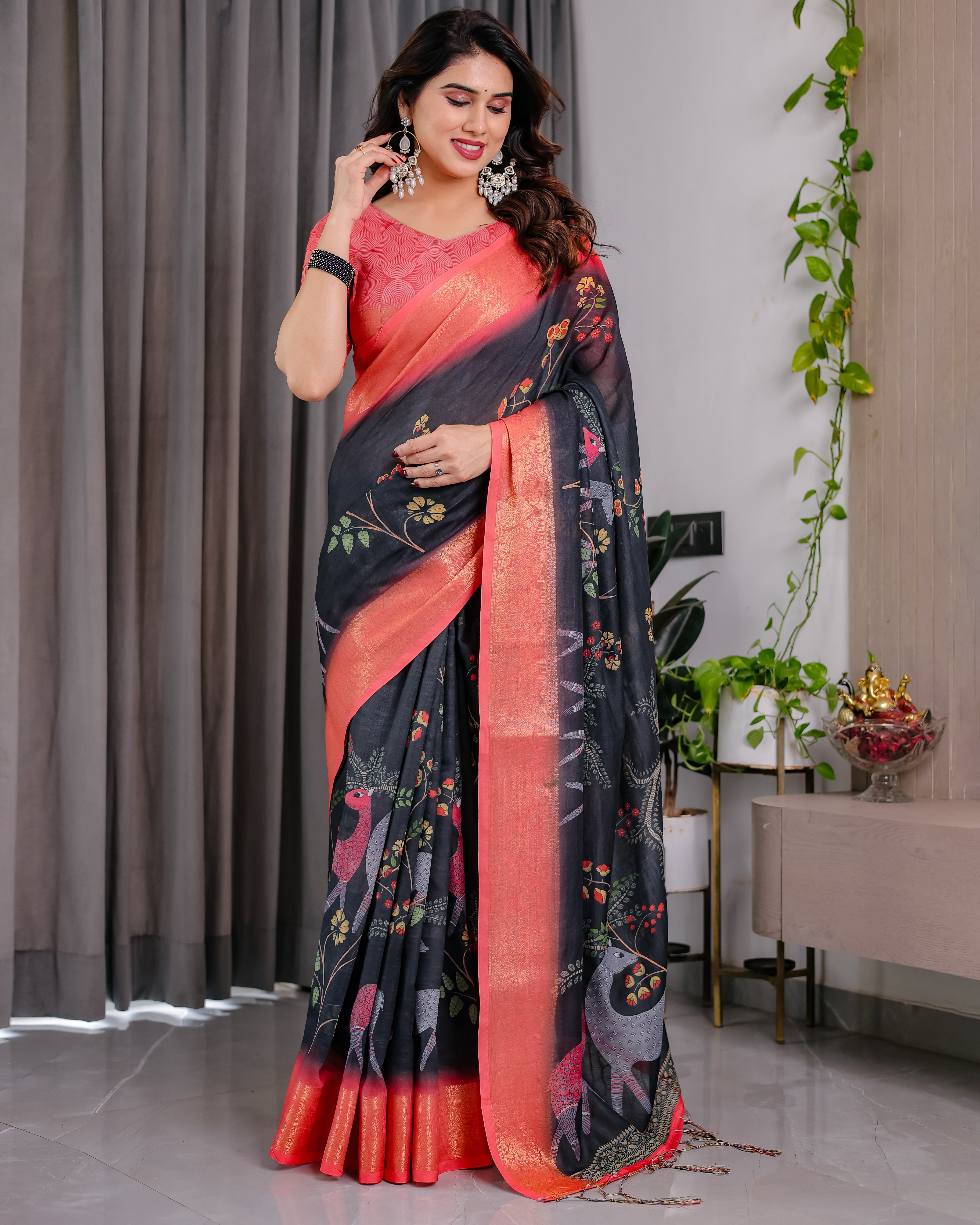 Women Premium Ethnic Linen Floral Digital Print Saree