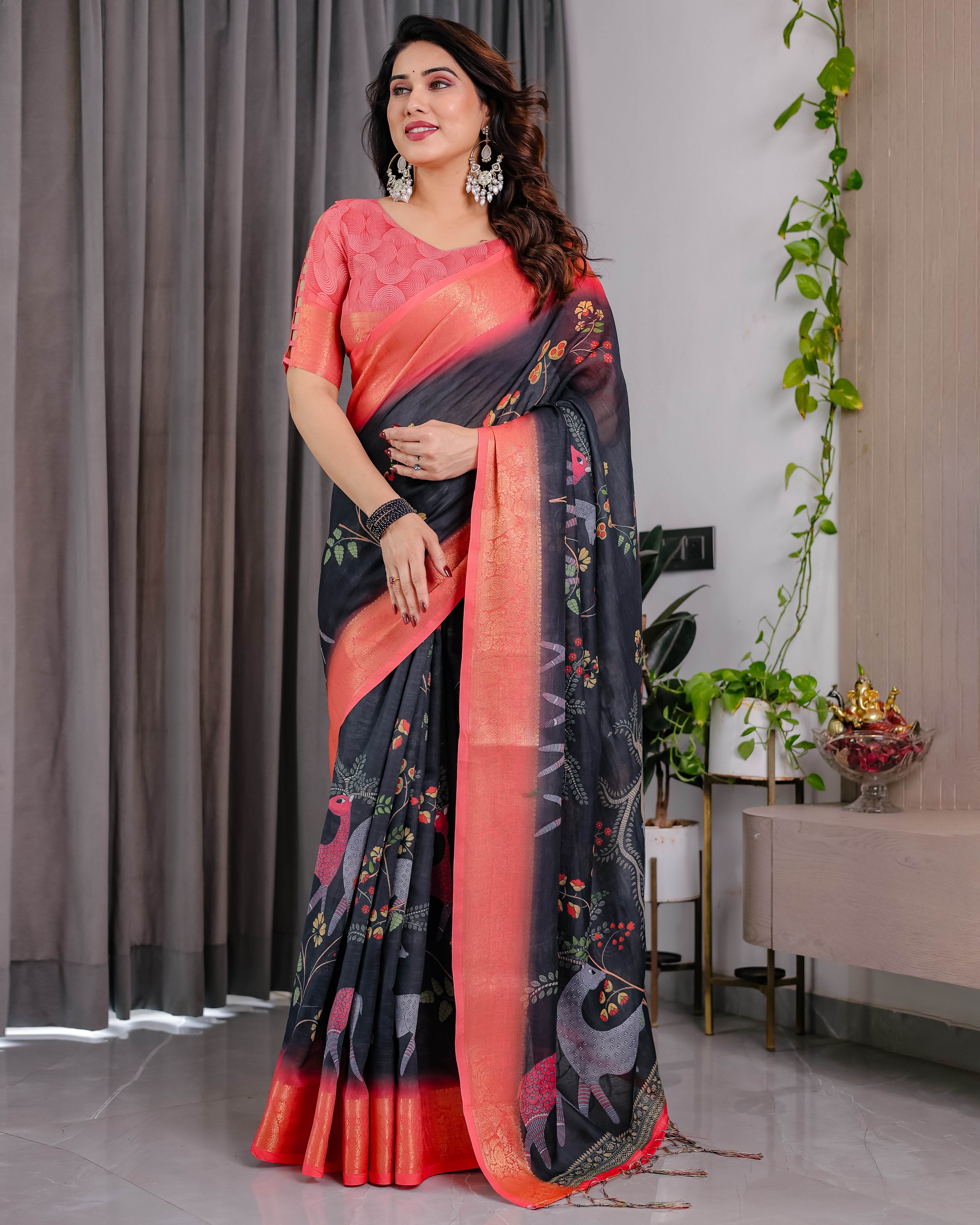 Women Premium Ethnic Linen Floral Digital Print Saree