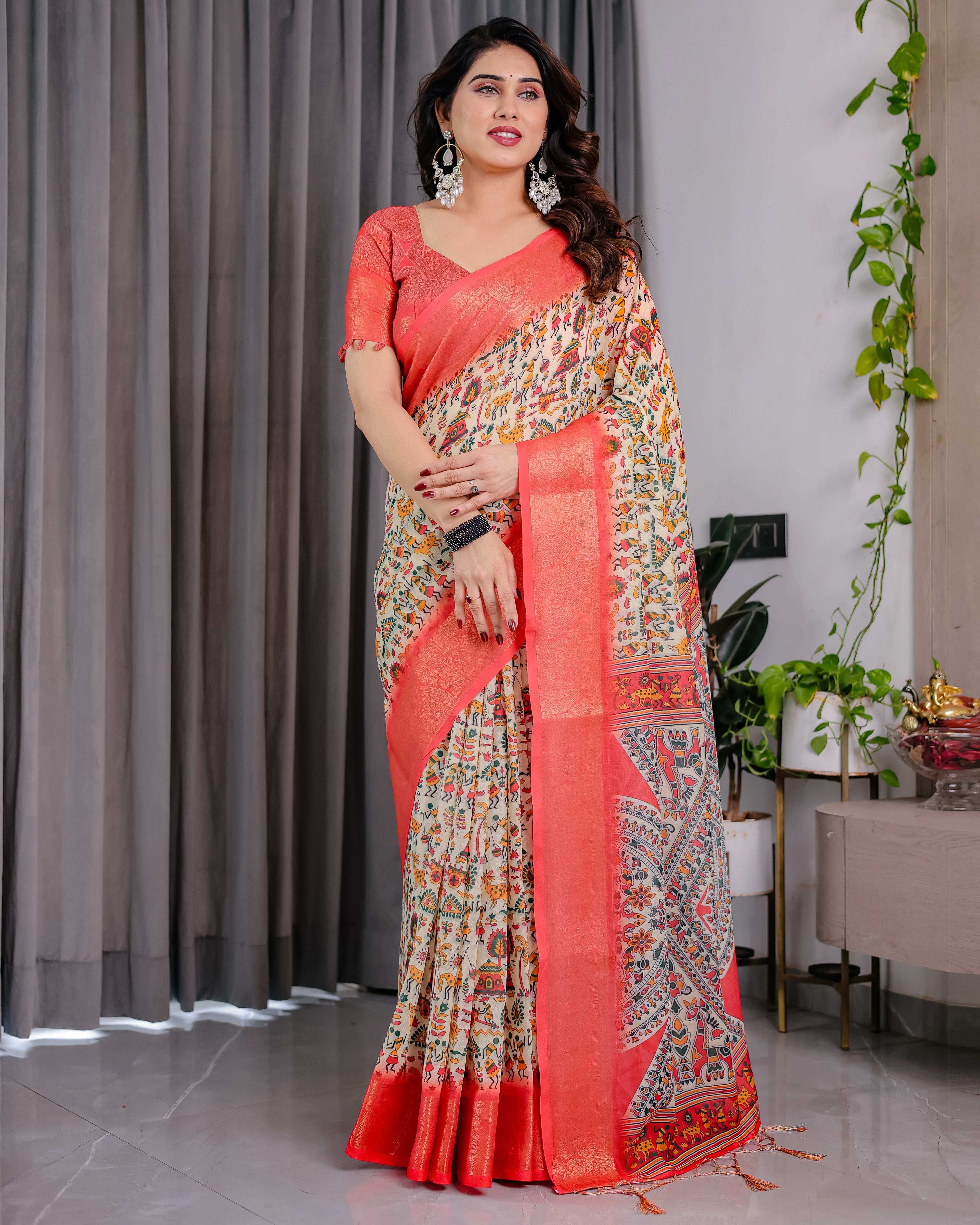 Women Pure Handloom Linen Floral Printed Saree