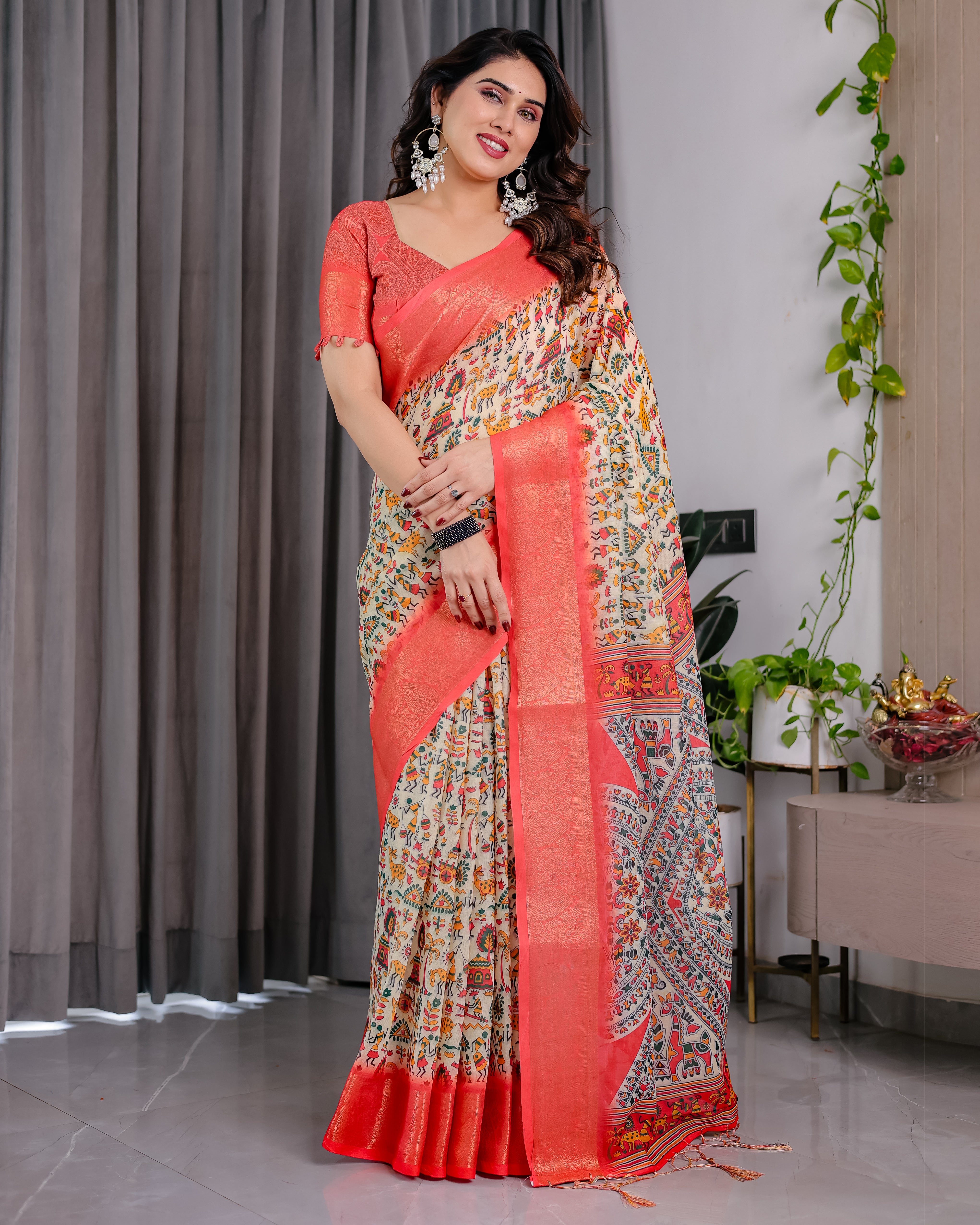 Women Pure Handloom Linen Floral Printed Saree