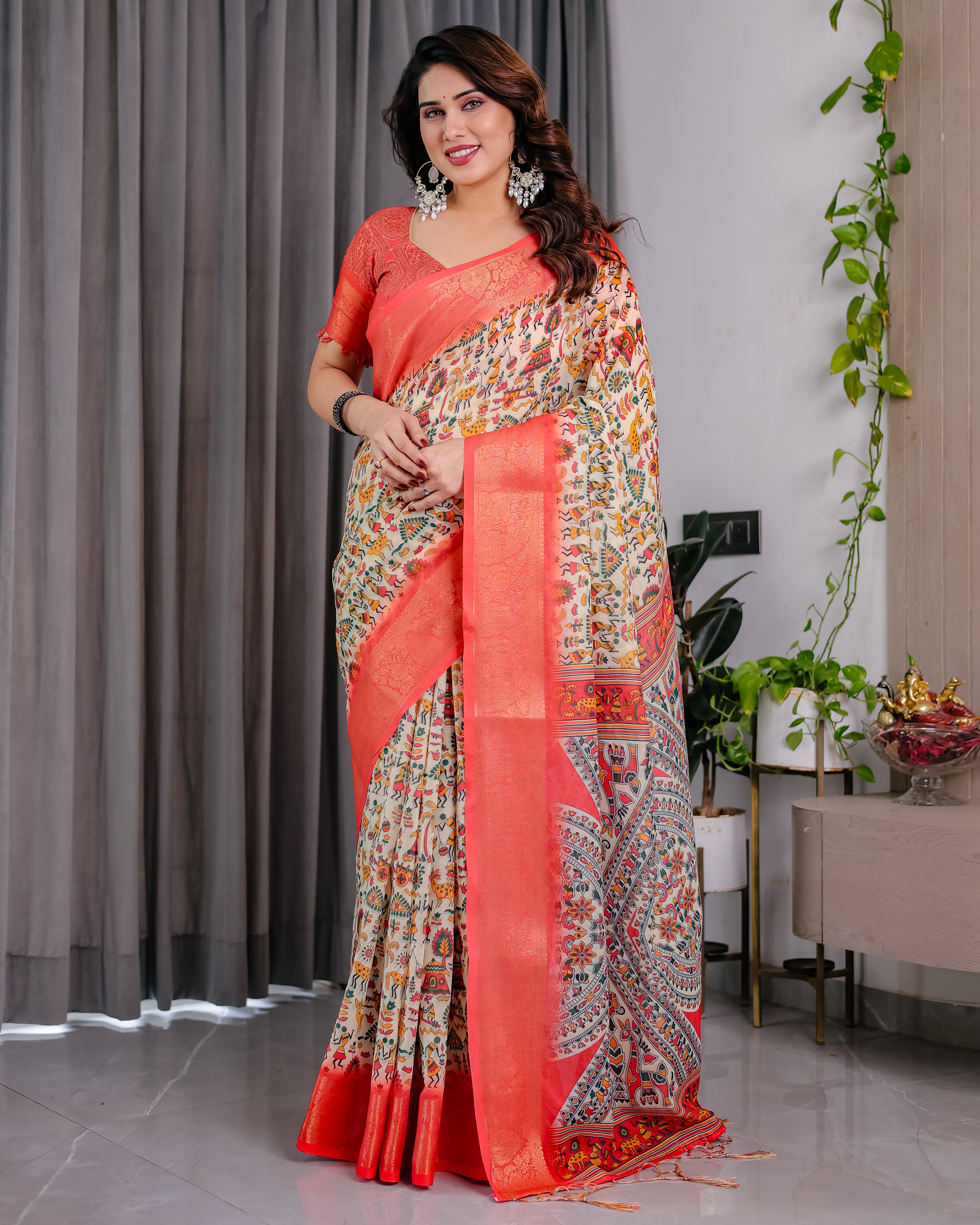 Women Pure Handloom Linen Floral Printed Saree