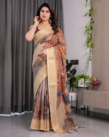 Women Premium Linen Silk Ethnic Saree with Matching Blouse