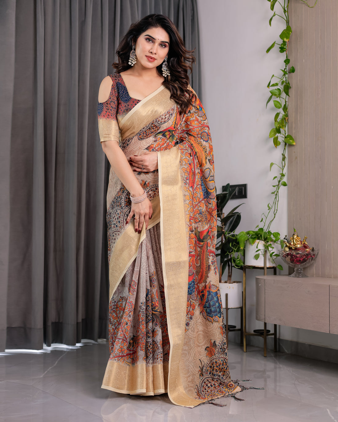 Women Premium Linen Silk Ethnic Saree with Matching Blouse