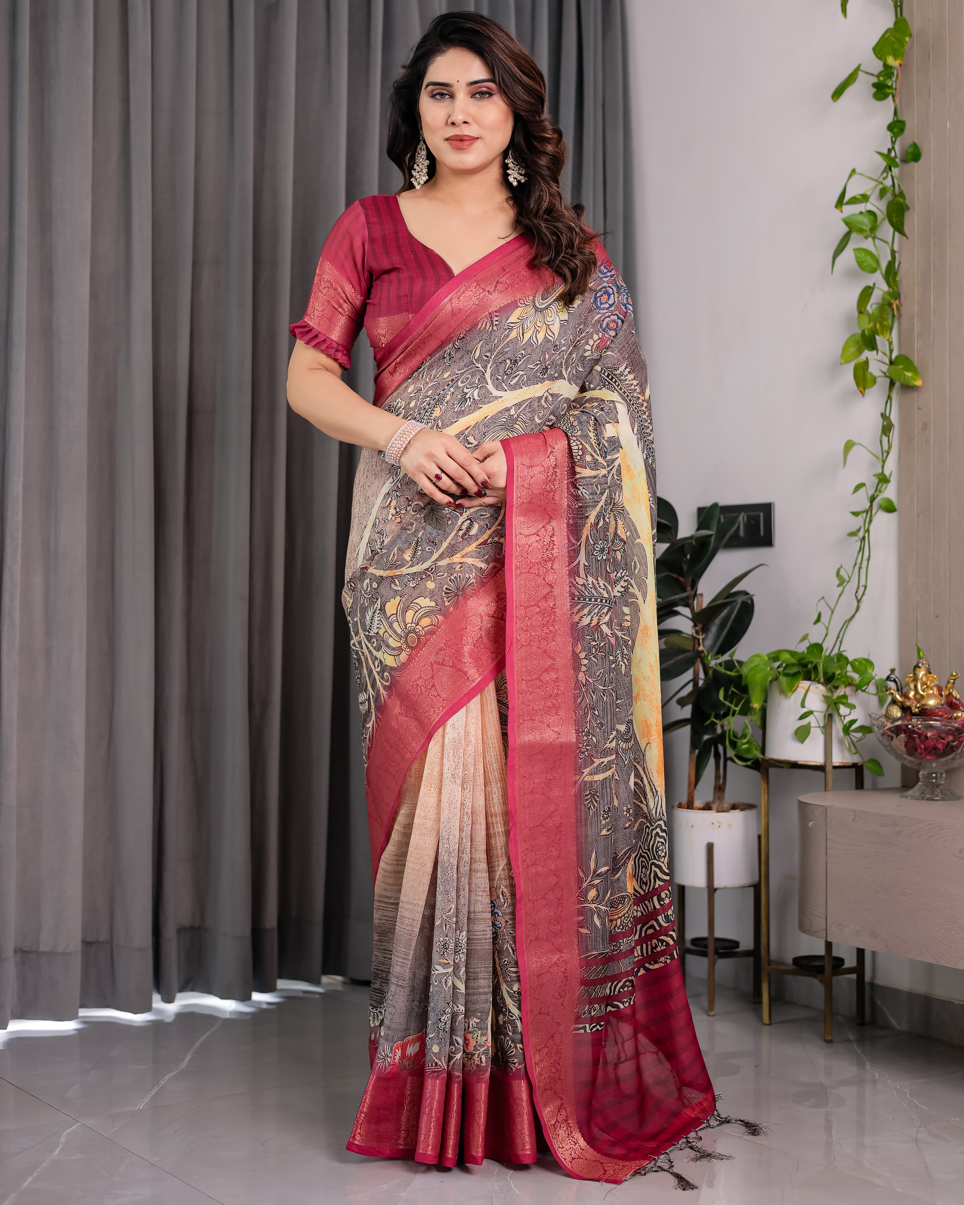 Women Premium Ethnic Linen Floral Digital Print Saree