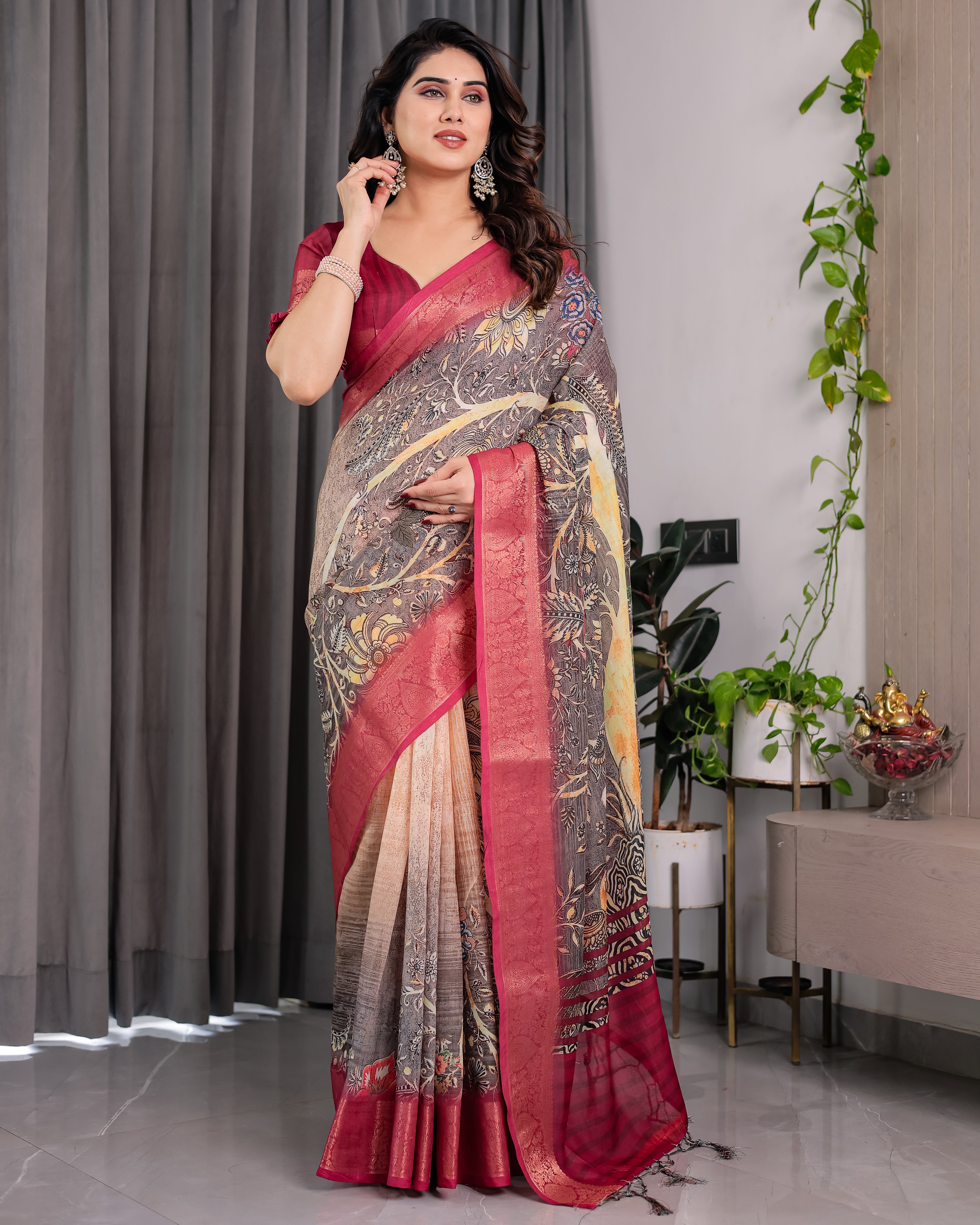 Women Premium Ethnic Linen Floral Digital Print Saree