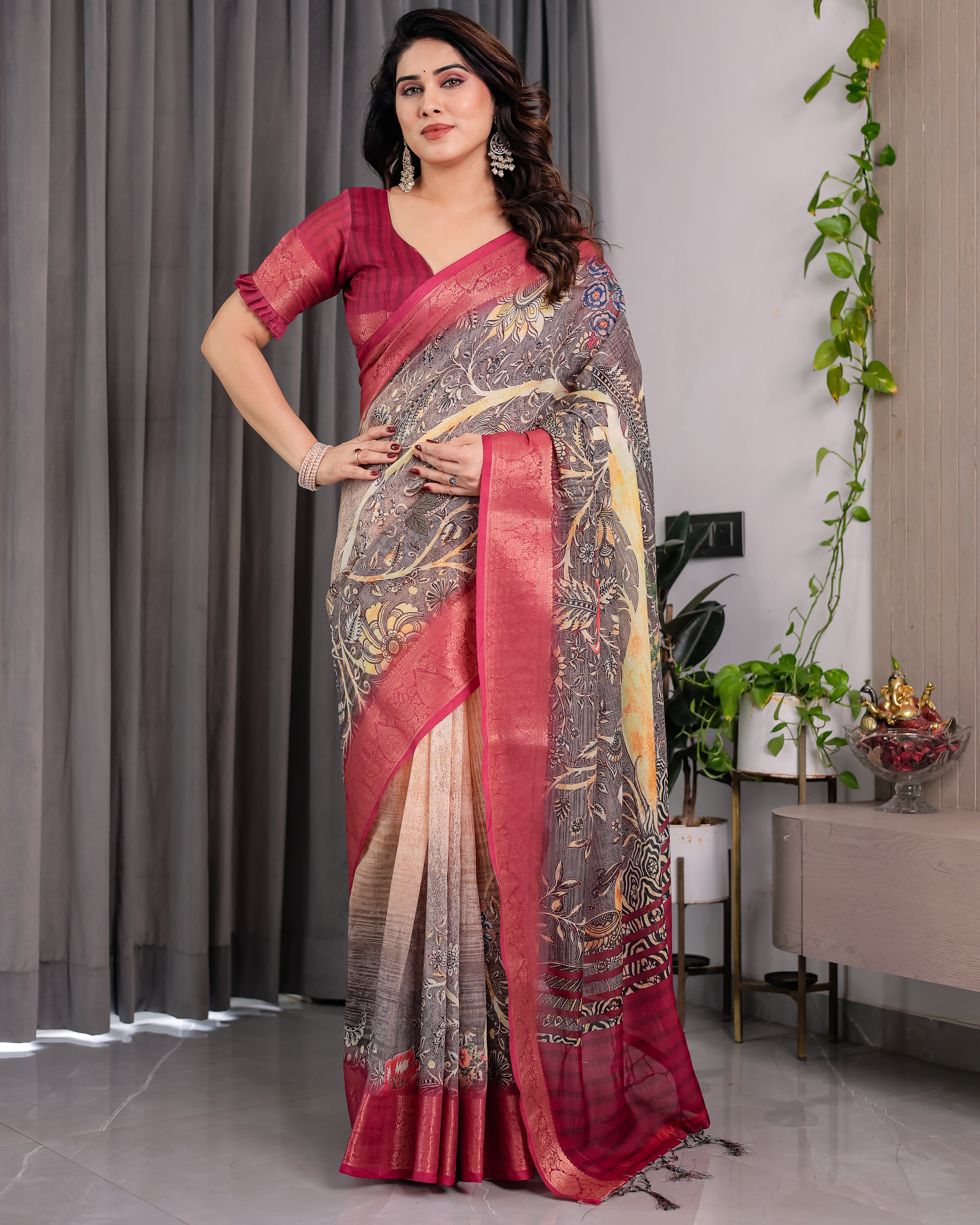 Women Premium Ethnic Linen Floral Digital Print Saree