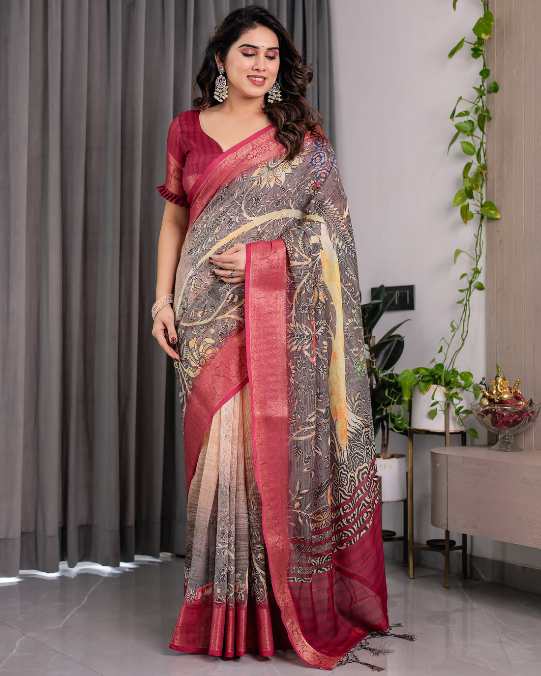 Women Premium Ethnic Linen Floral Digital Print Saree
