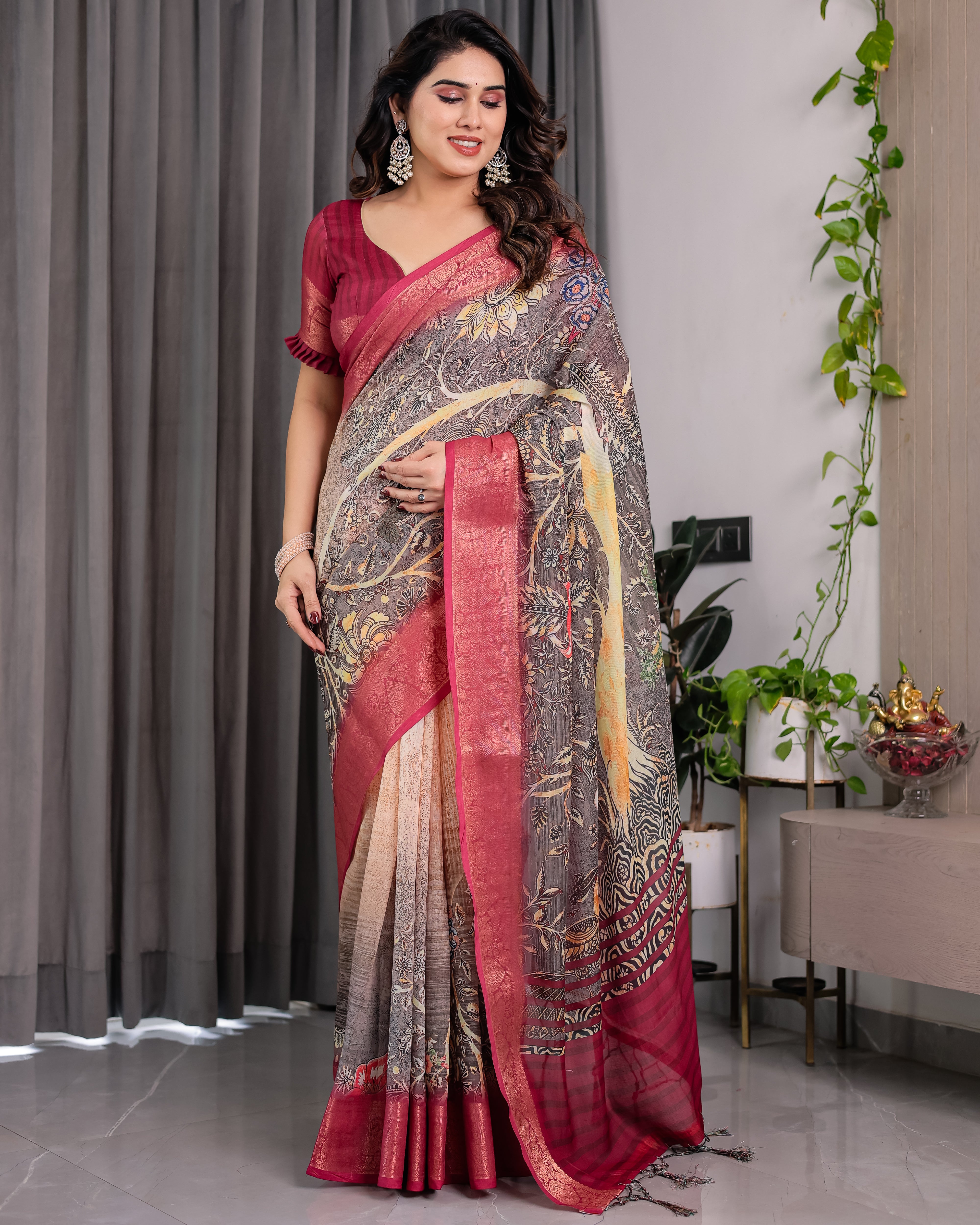 Women Premium Ethnic Linen Floral Digital Print Saree
