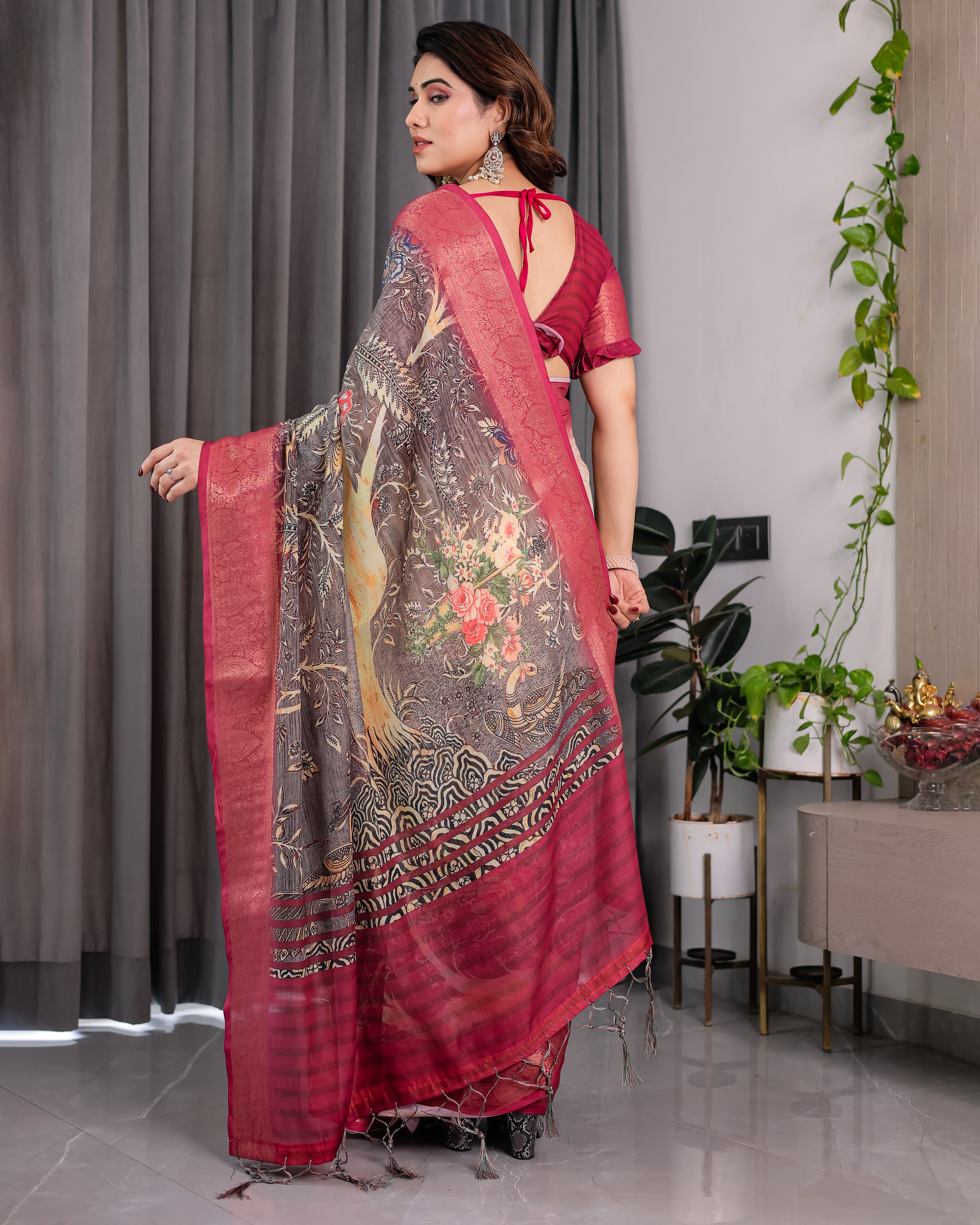 Women Premium Ethnic Linen Floral Digital Print Saree