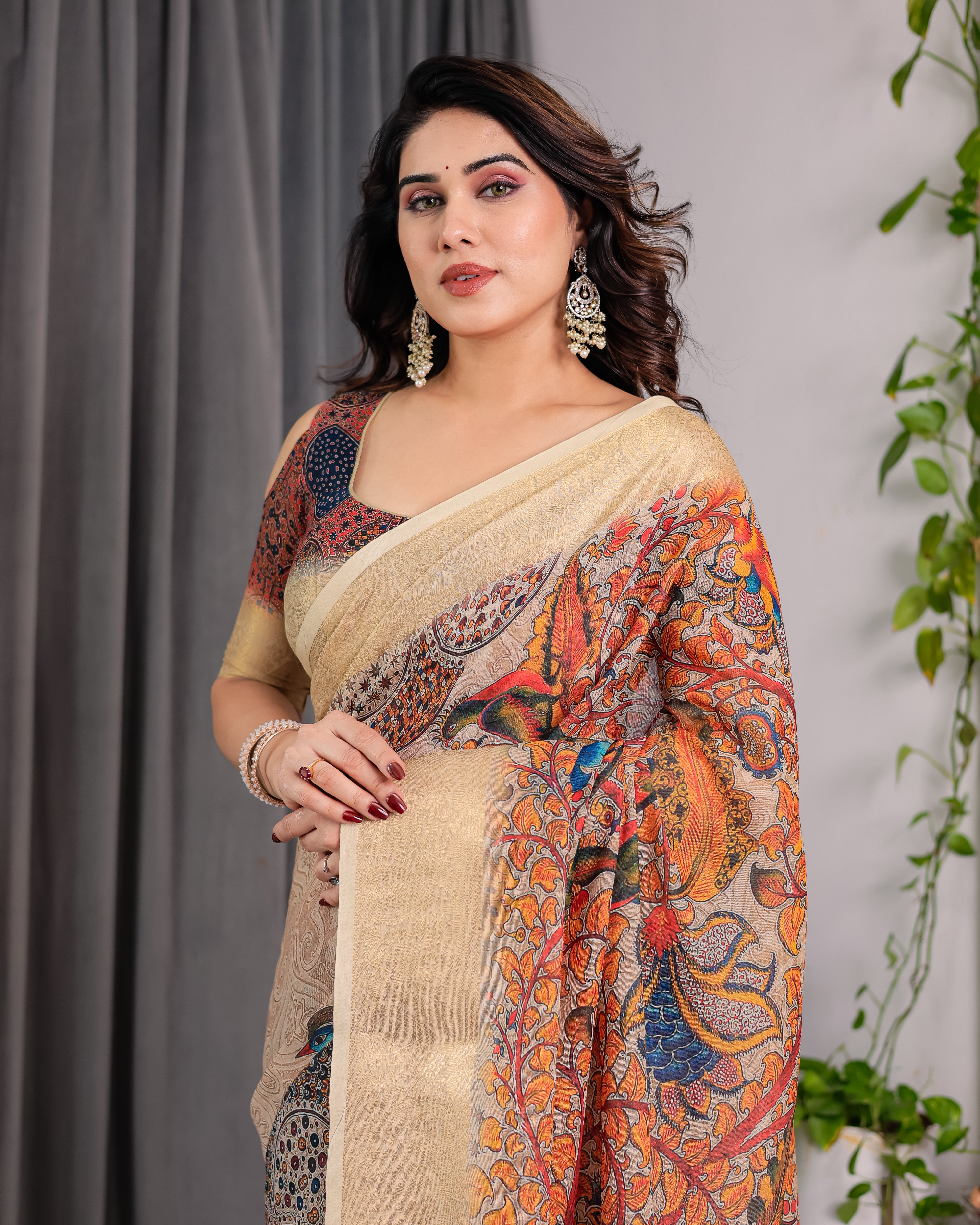 Women Premium Linen Silk Ethnic Saree with Matching Blouse