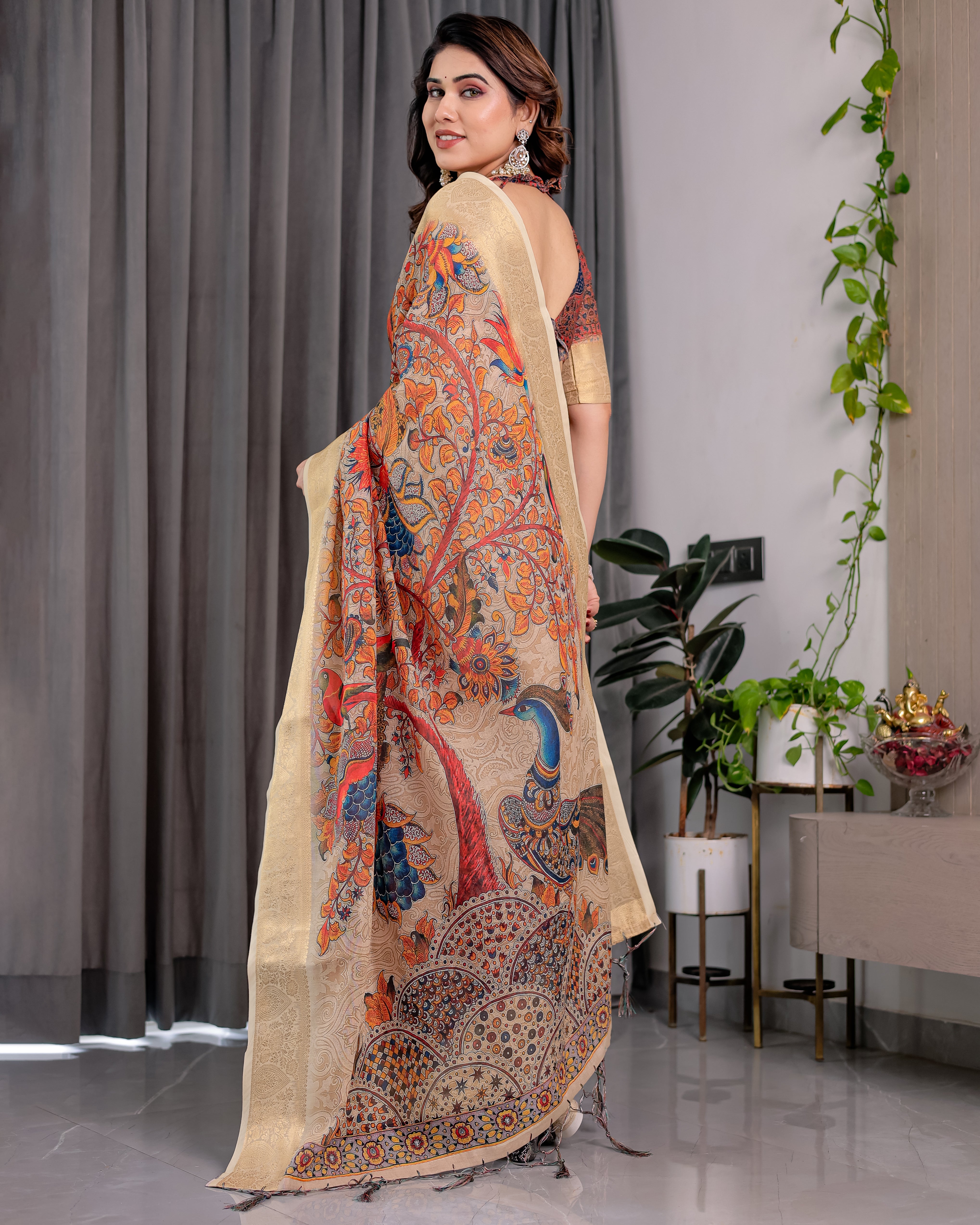 Women Premium Linen Silk Ethnic Saree with Matching Blouse