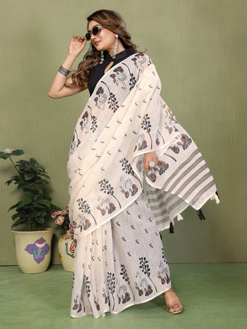 Women Soft Linen Cotton Swan Printed Saree with Floral Border Design